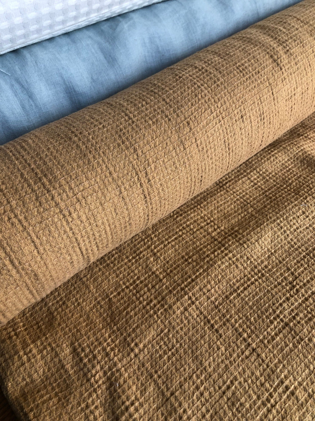 Ochre Waffle Linen Cotton Fabric: 140cm Wide, Bath & Spa Towel Material