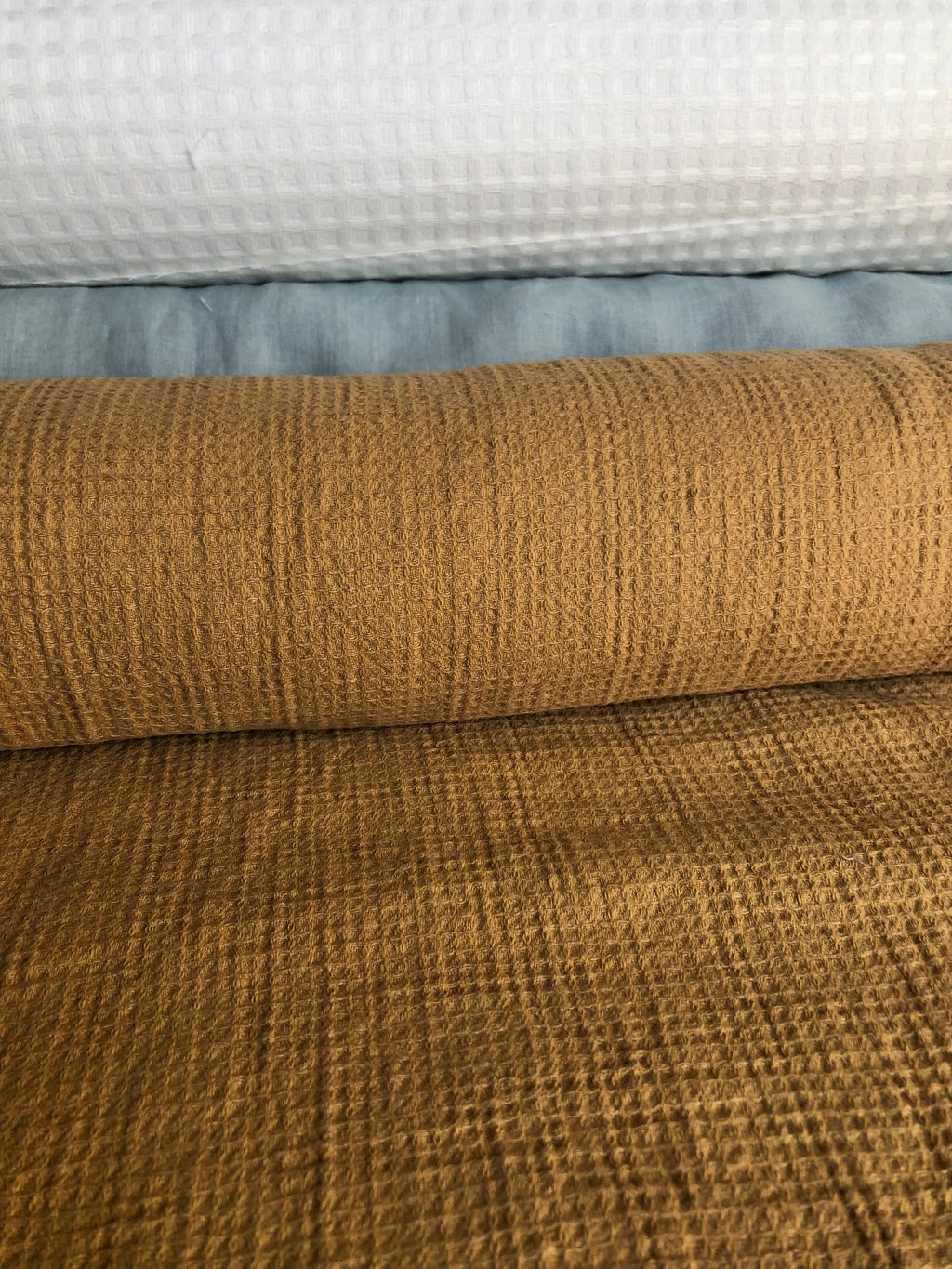 Ochre Waffle Linen Cotton Fabric: 140cm Wide, Bath & Spa Towel Material