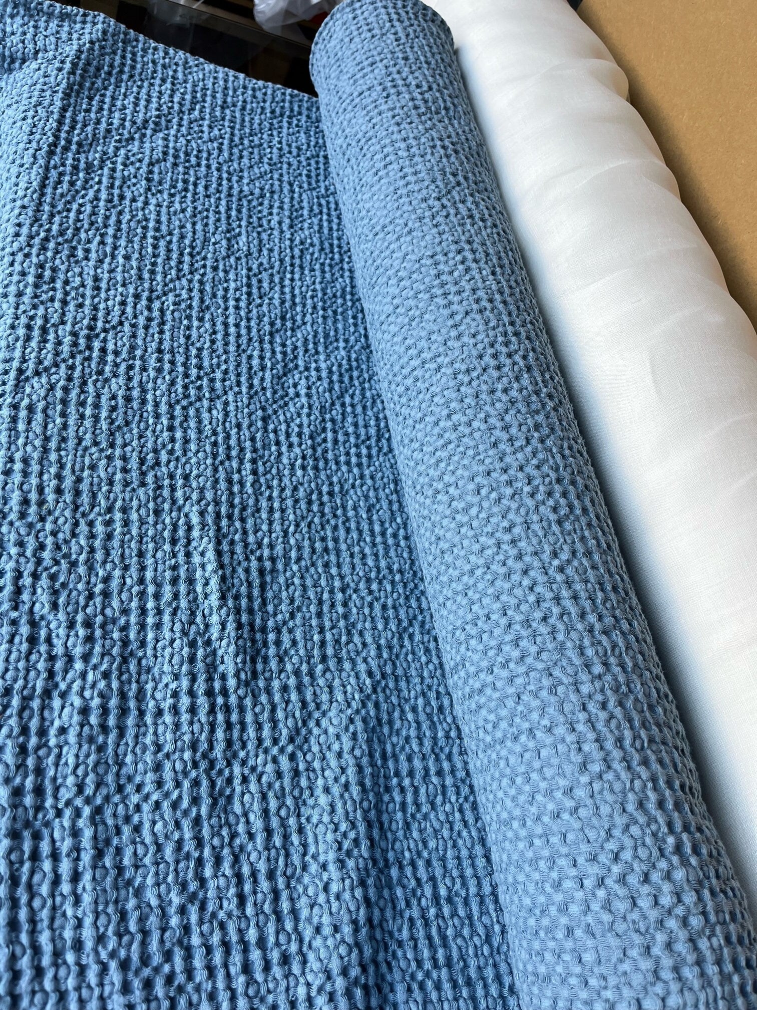 88" Extra Wide Waffle Linen Cotton Fabric: Cornflower Blue