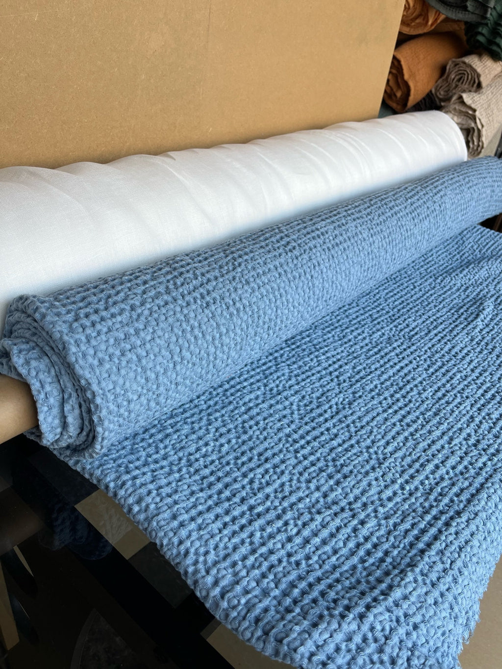 88" Extra Wide Waffle Linen Cotton Fabric: Cornflower Blue