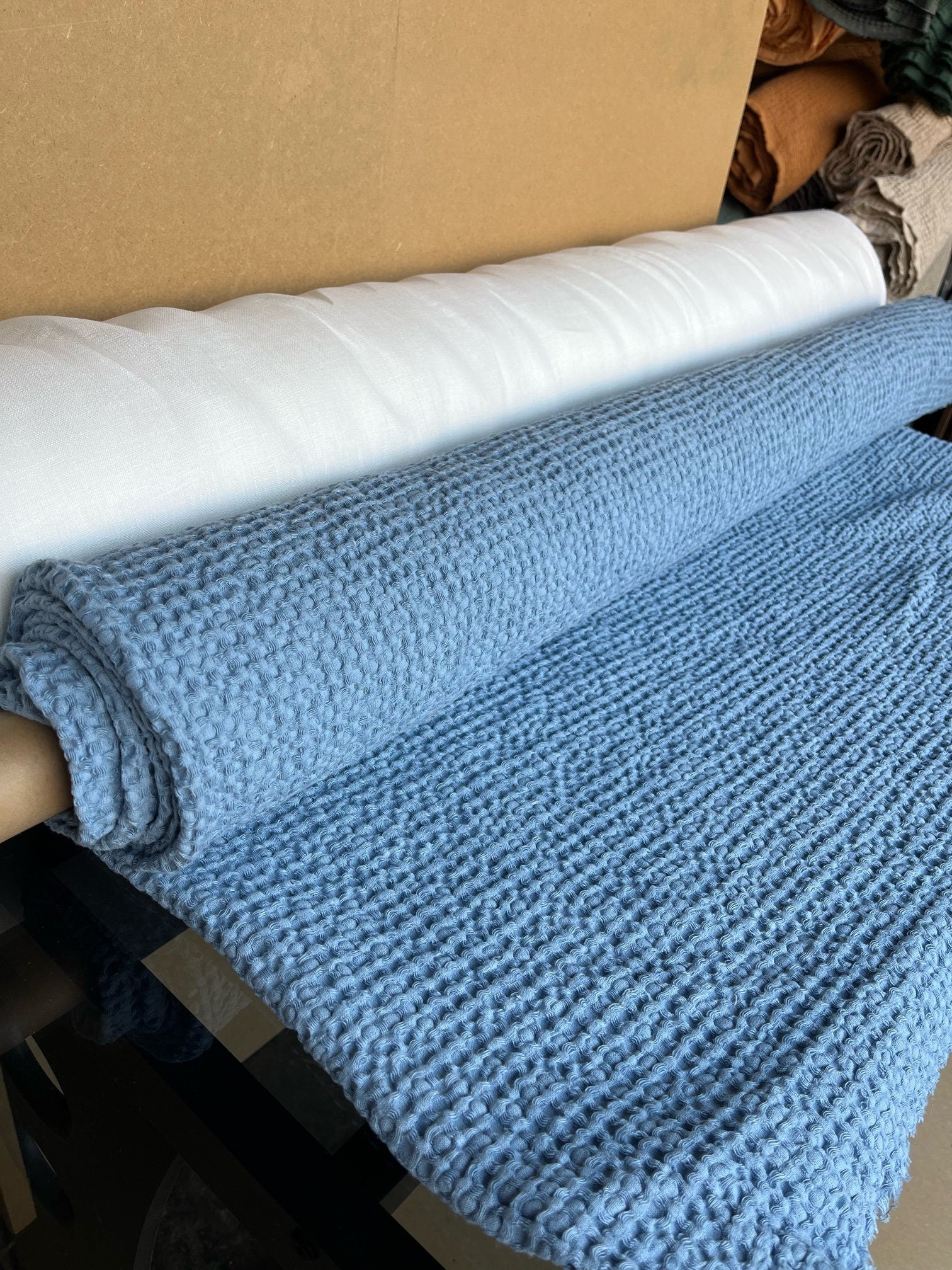88" Extra Wide Waffle Linen Cotton Fabric: Cornflower Blue