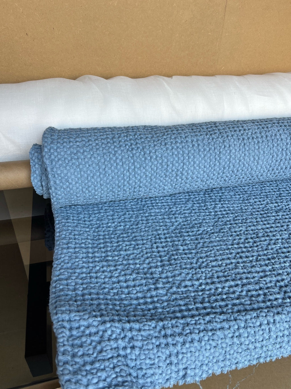 88" Extra Wide Waffle Linen Cotton Fabric: Cornflower Blue