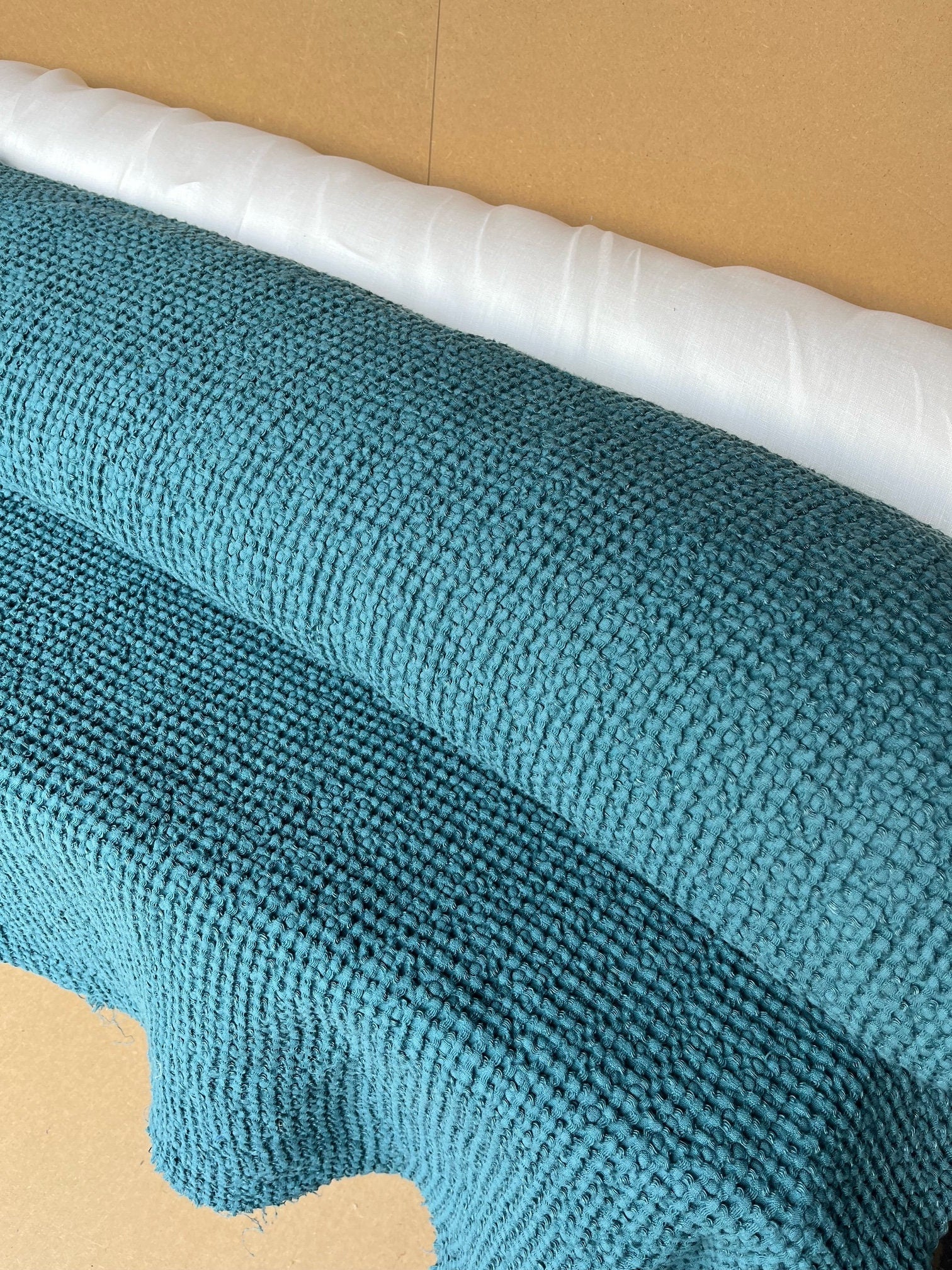 Waffle Linen Cotton Fabric: 88" Extra Wide Turkish Blue