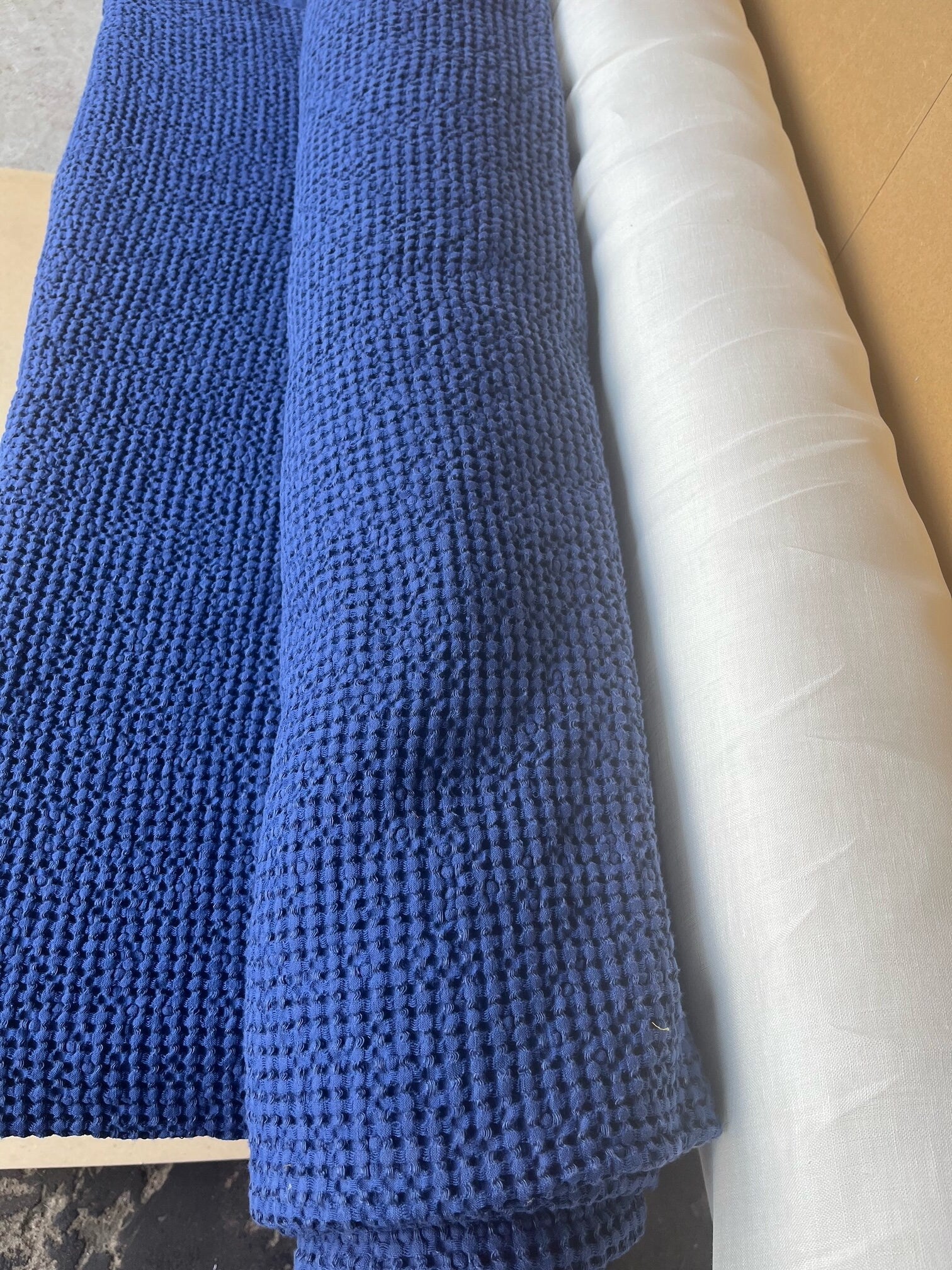 88" Extra Wide Waffle Linen Cotton Fabric: Blue Sapphire BGO137