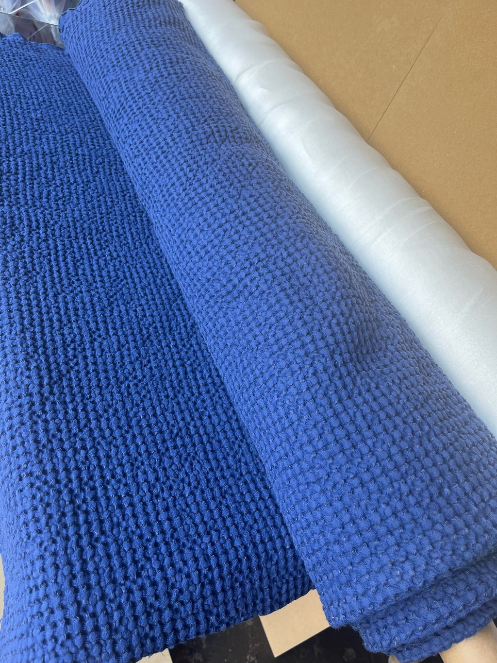88" Extra Wide Waffle Linen Cotton Fabric: Blue Sapphire BGO137
