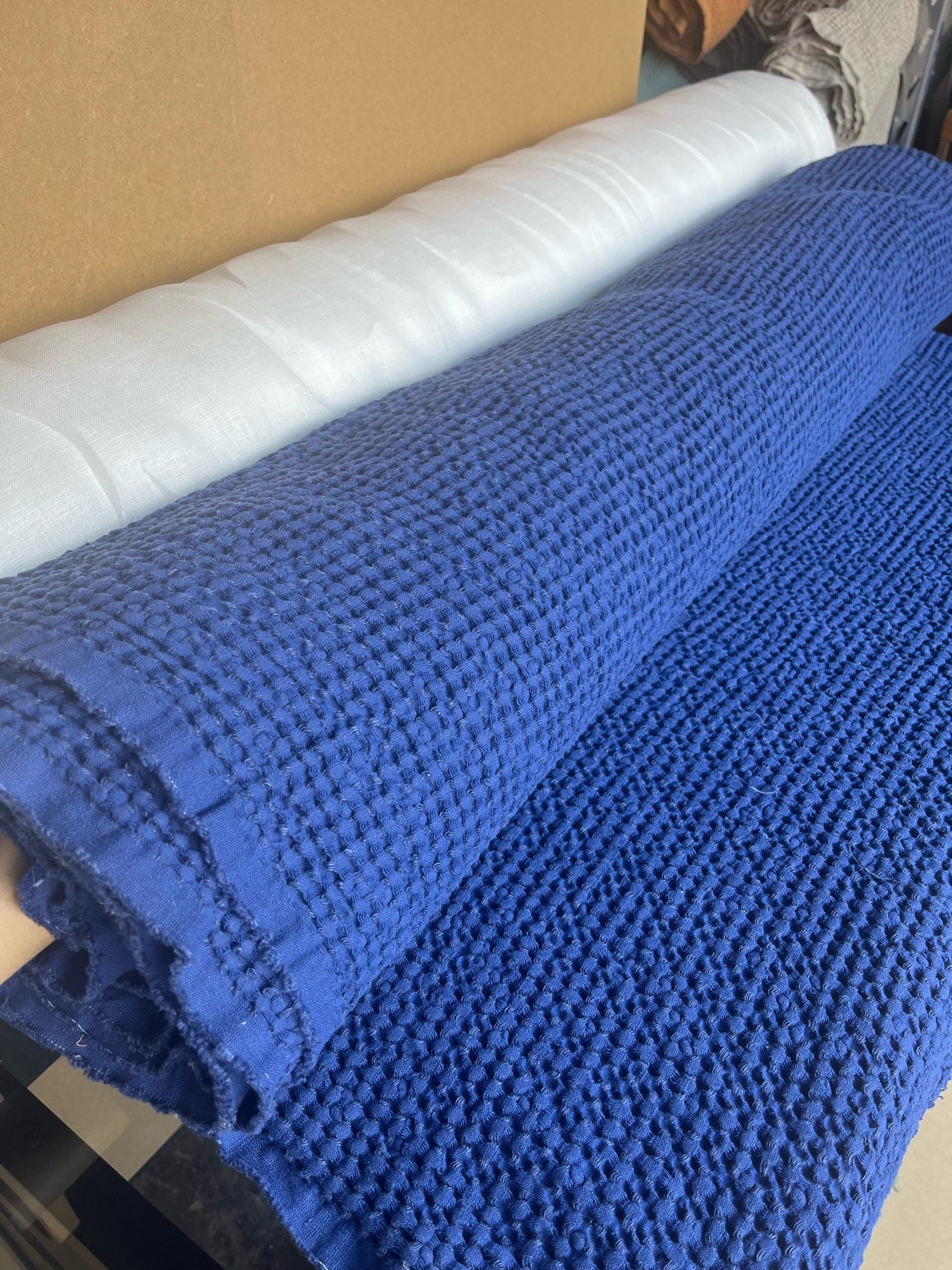 88" Extra Wide Waffle Linen Cotton Fabric: Blue Sapphire BGO137