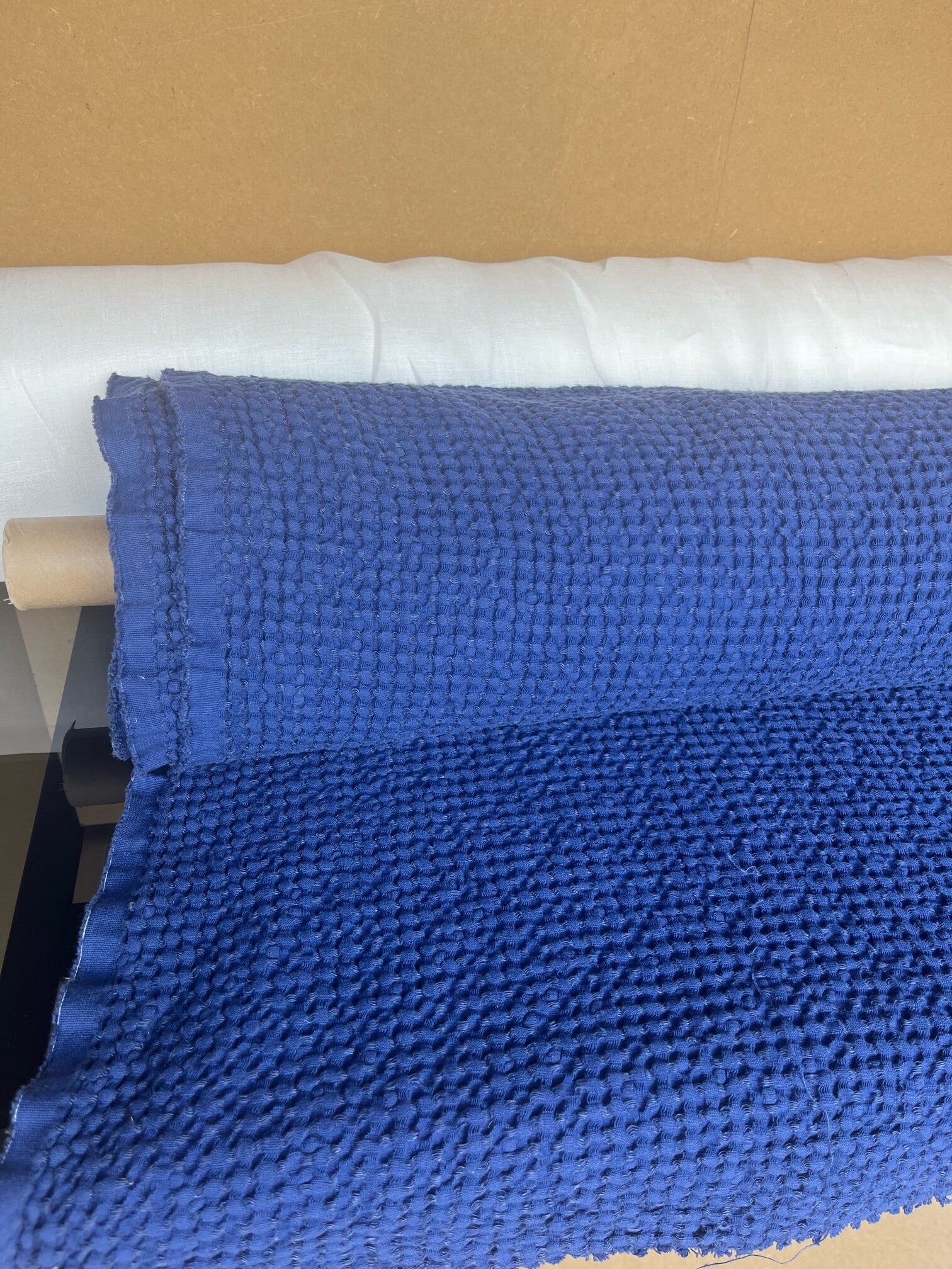 88" Extra Wide Waffle Linen Cotton Fabric: Blue Sapphire BGO137