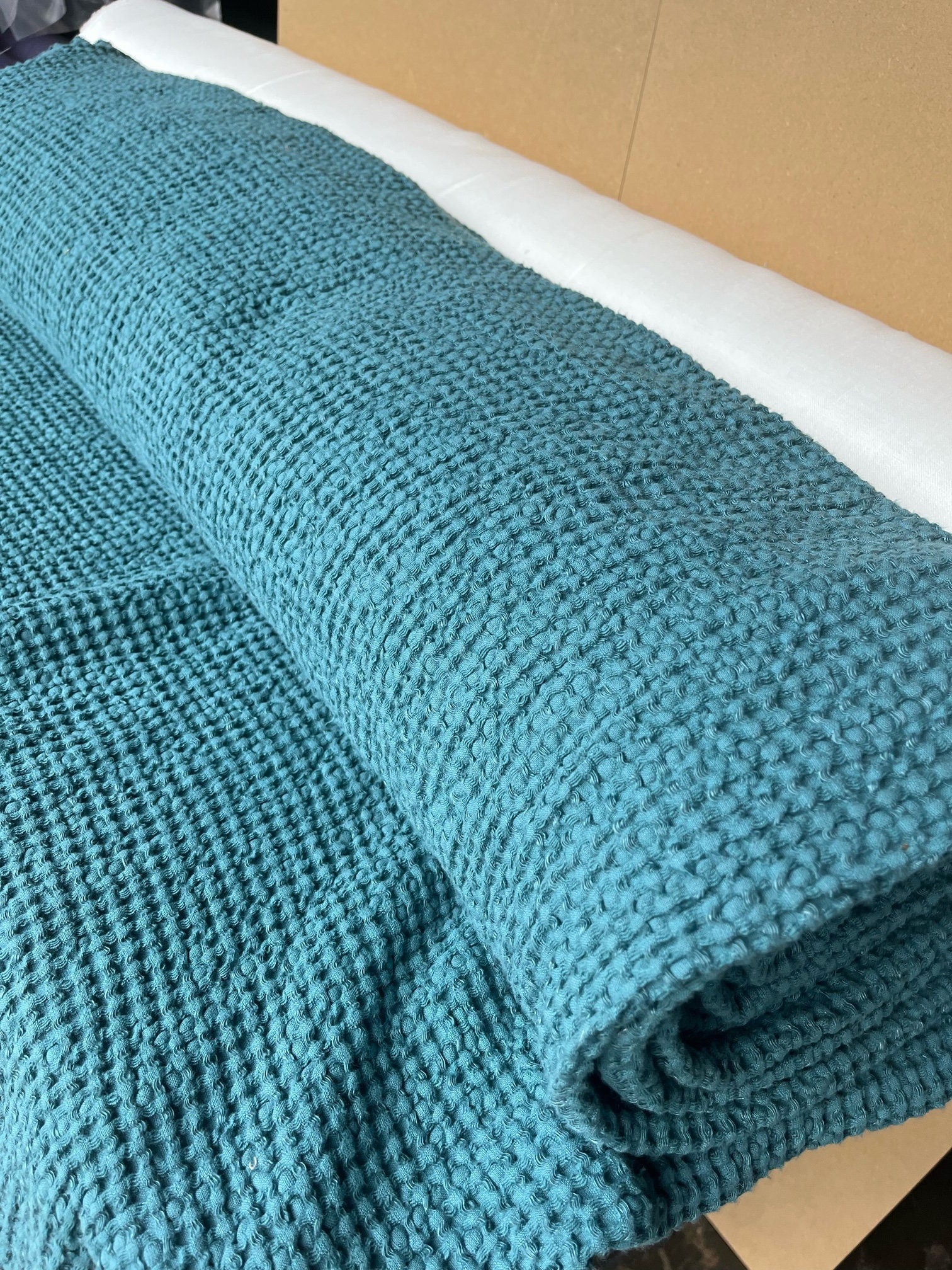 Waffle Linen Cotton Fabric: 88" Extra Wide Turkish Blue
