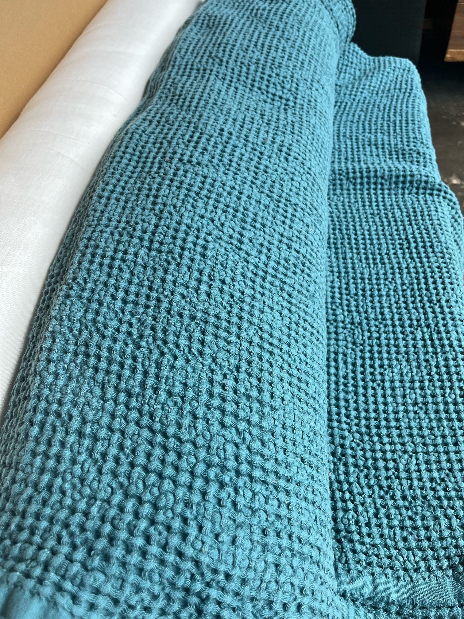 Waffle Linen Cotton Fabric: 88" Extra Wide Turkish Blue