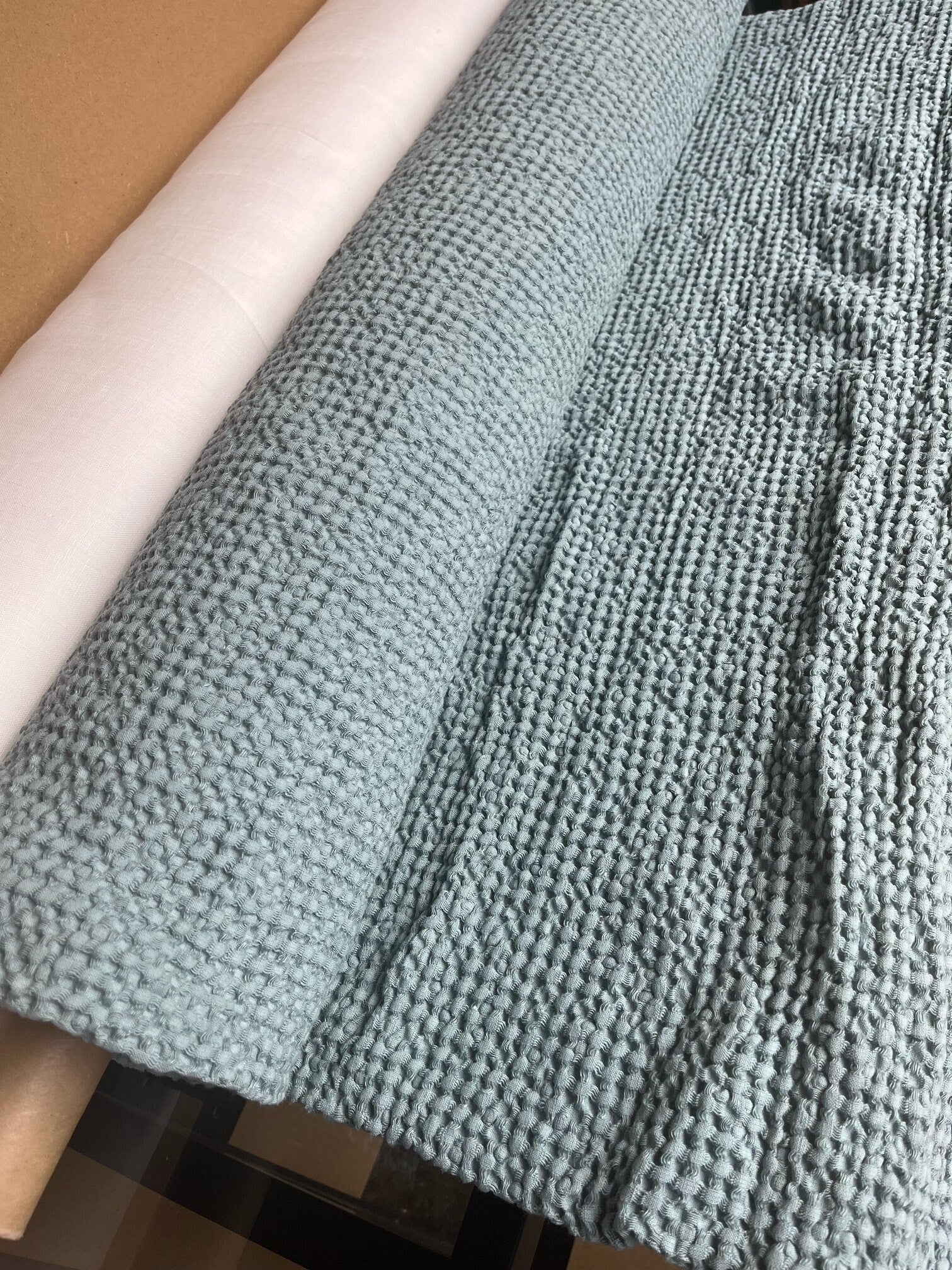 Teal Waffle Fabric: 88" Extra Wide Linen Cotton Blend