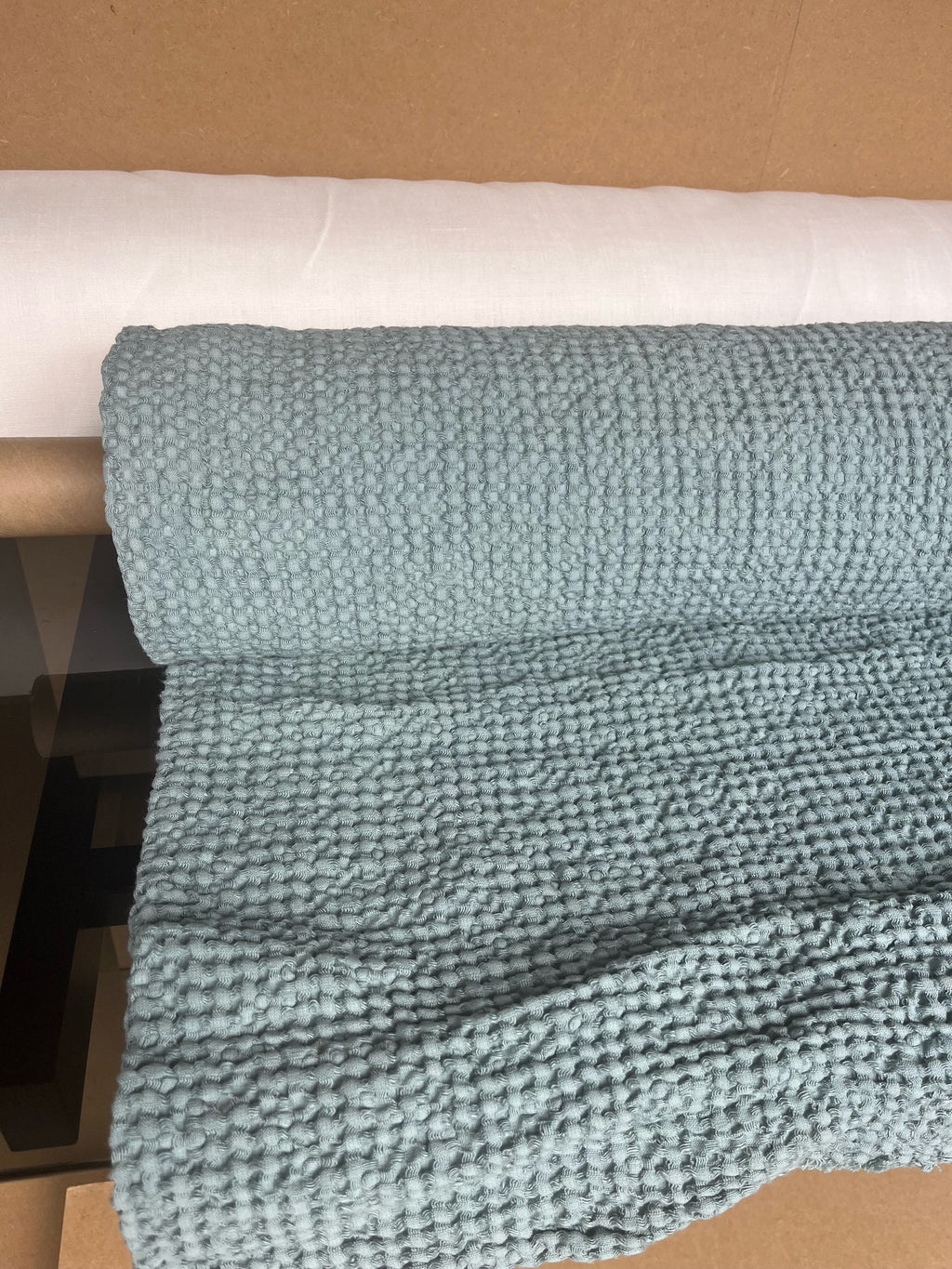 Teal Waffle Fabric: 88" Extra Wide Linen Cotton Blend