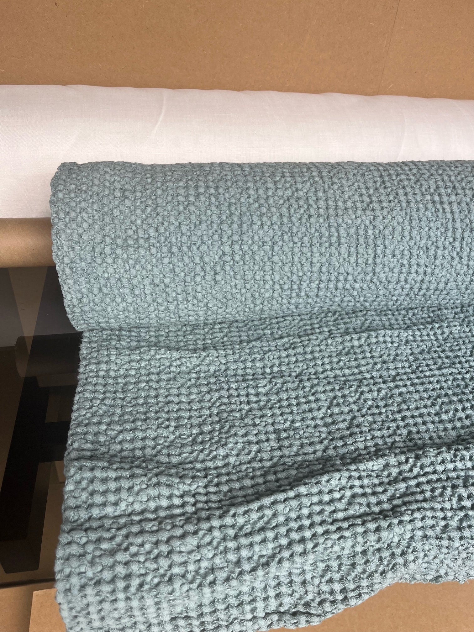 Teal Waffle Fabric: 88" Extra Wide Linen Cotton Blend