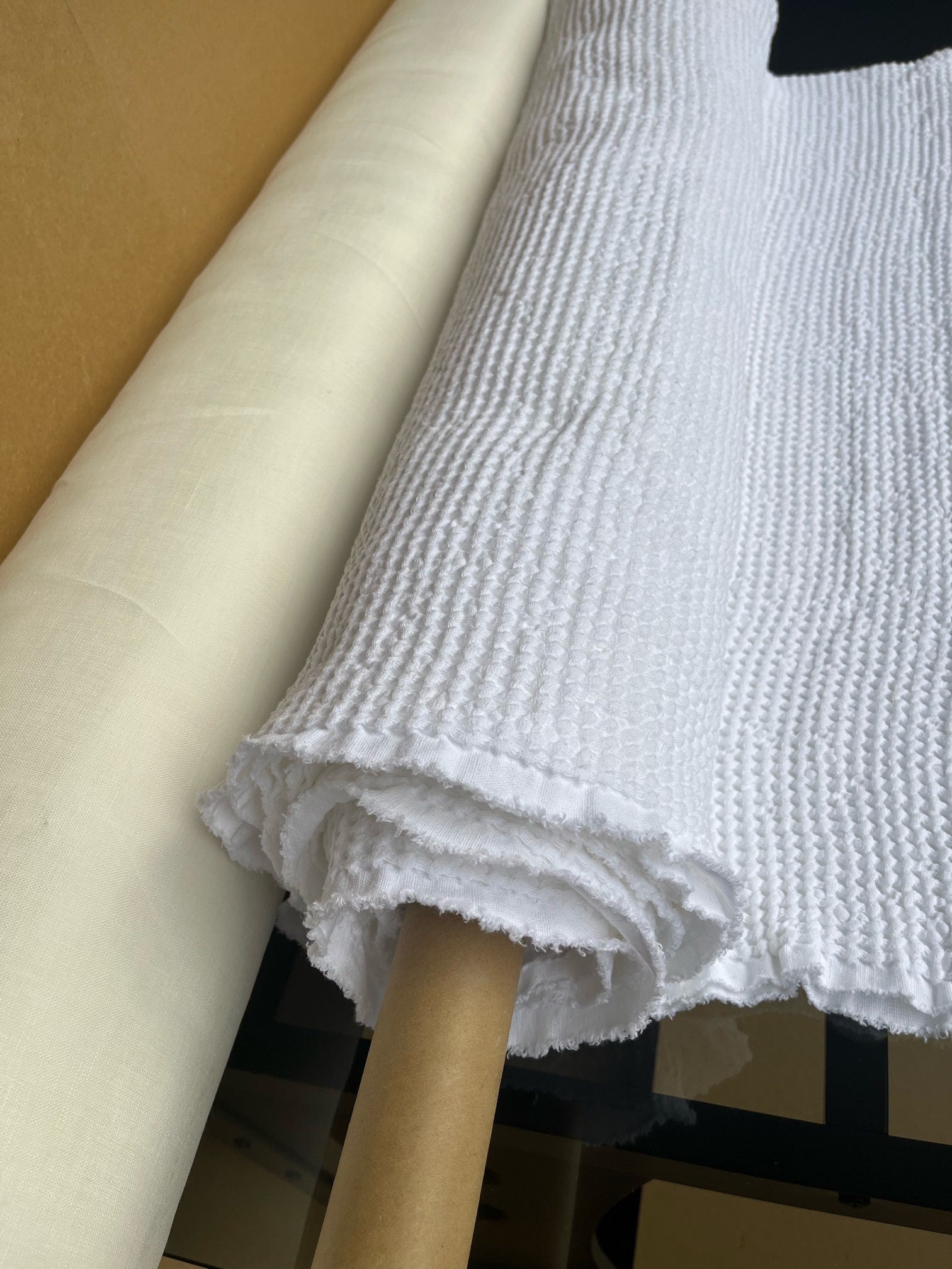 88" EXTRA WIDE fabric, Waffle natural Linen/Cotton fabric BGO137 Bleached White, 250g/225cm fabric by the metre, bath kitchen towel spa