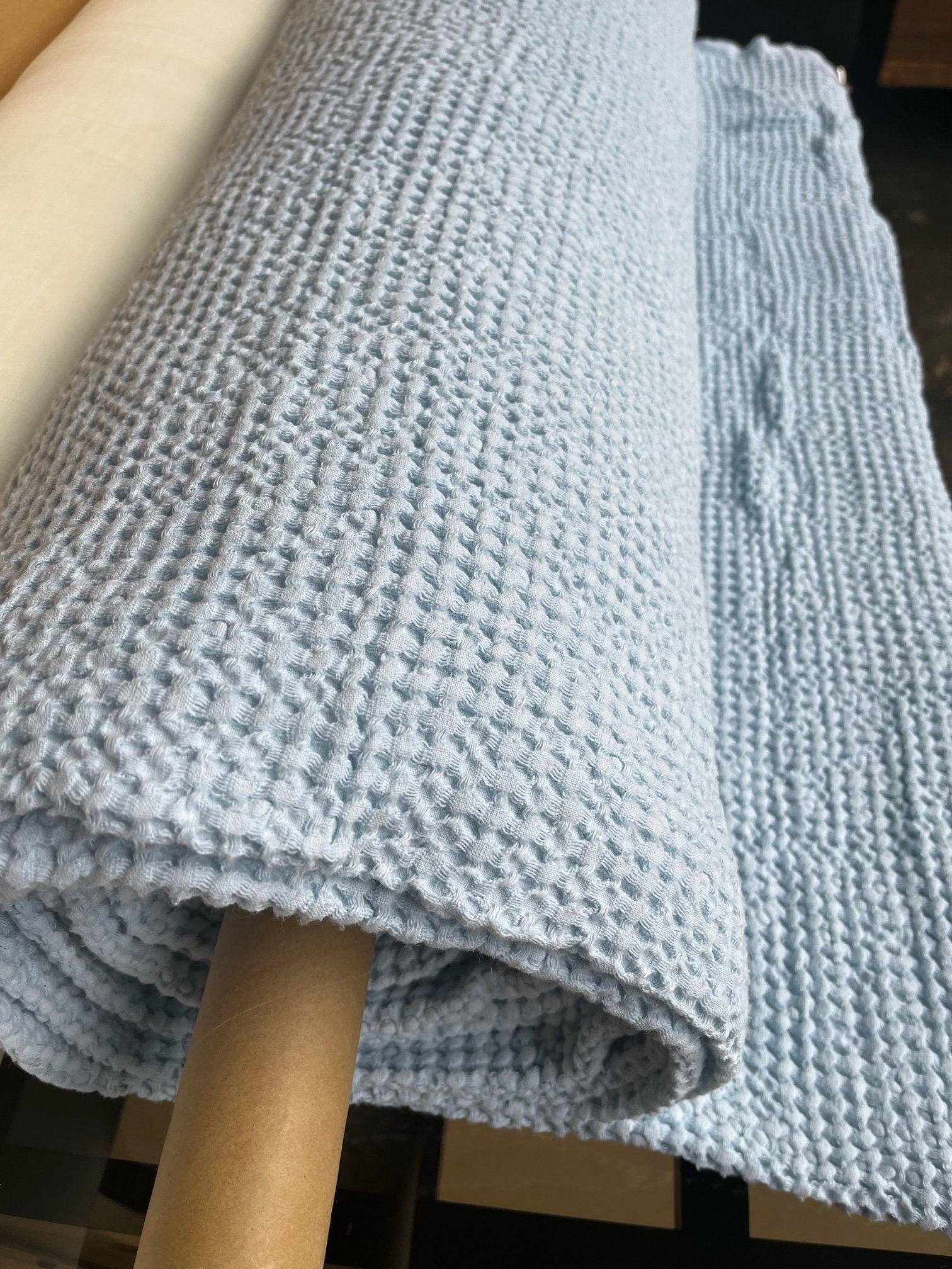 88" Extra Wide Waffle Linen Cotton Fabric: Light Steel Blue