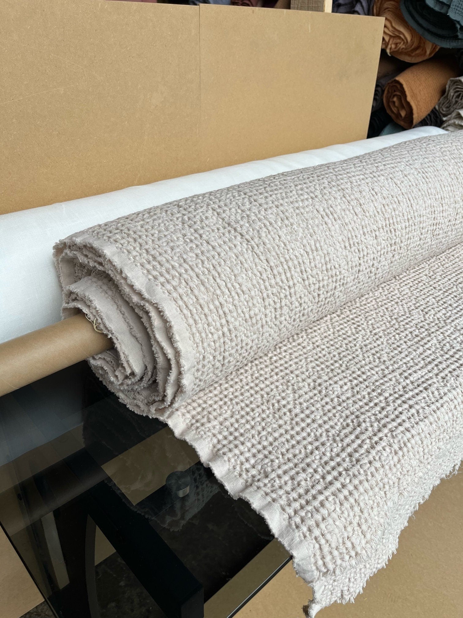 Extra Wide Waffle Linen Cotton Fabric: Warm Ivory BGO137, 88" Wide