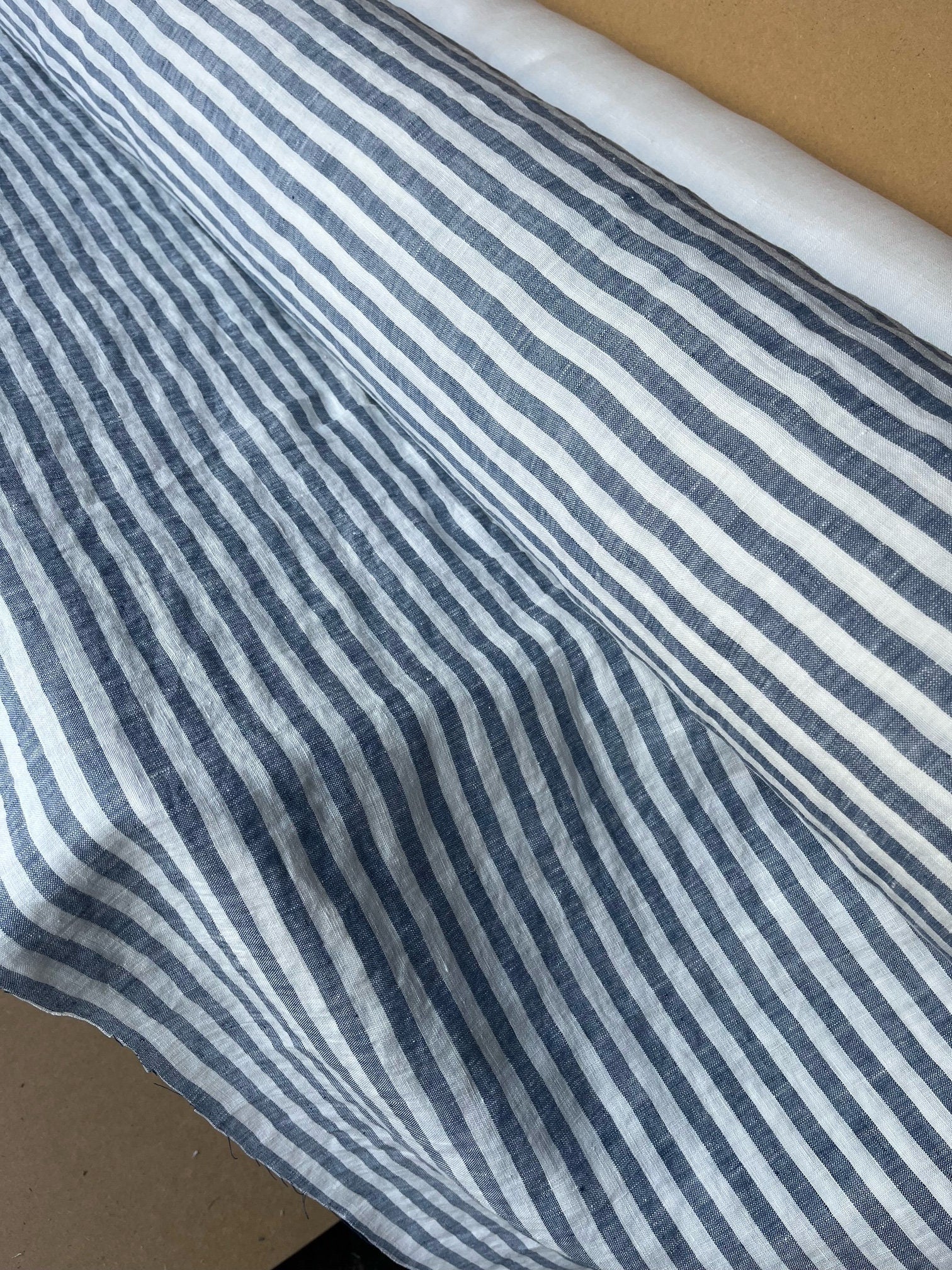 Extra Wide Blue Striped Linen Fabric: Softened Bedding Material