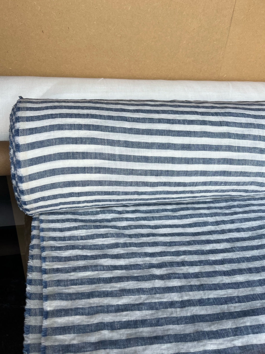 Extra Wide Blue Striped Linen Fabric: Softened Bedding Material