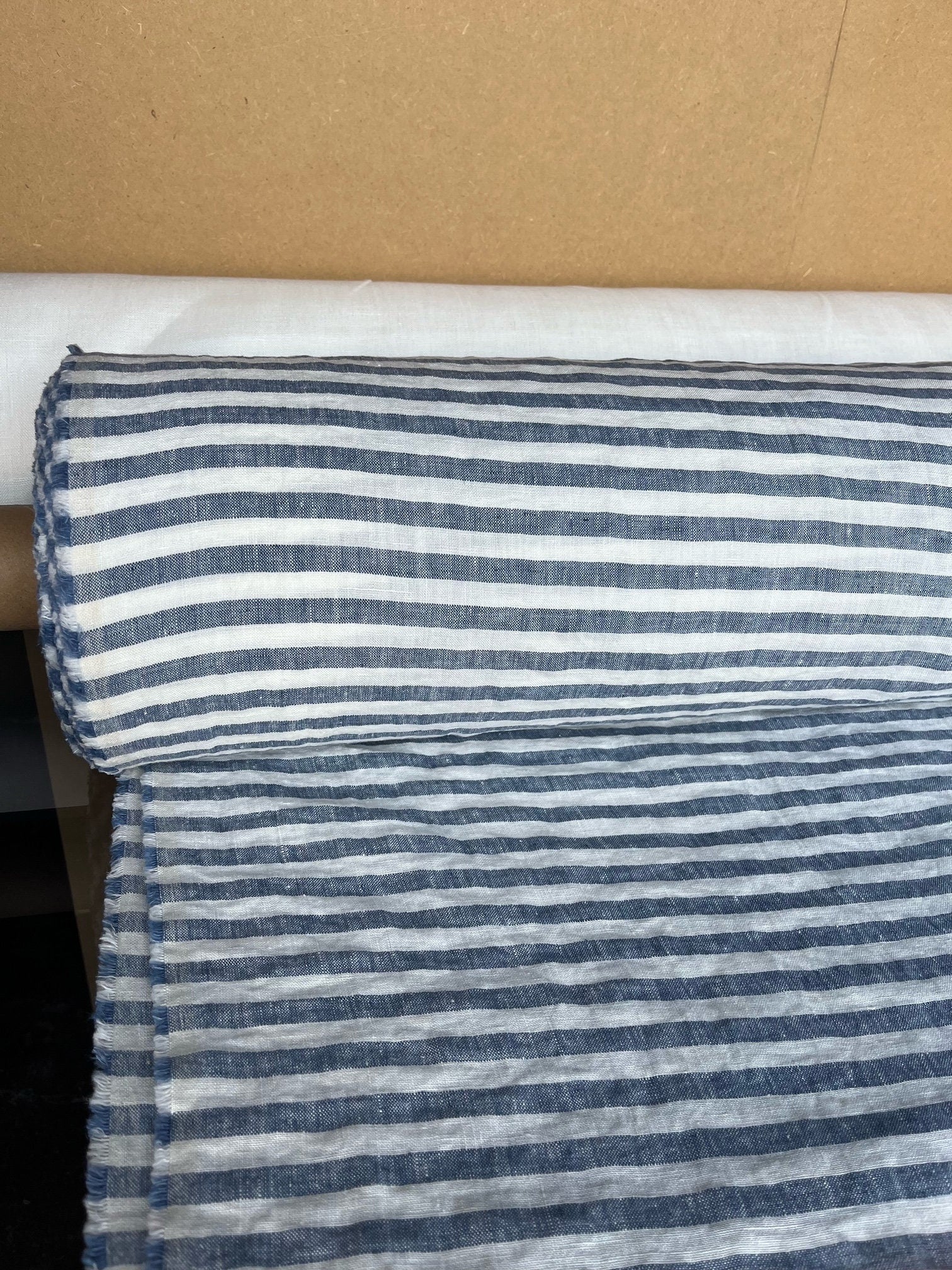 Extra Wide Blue Striped Linen Fabric: Softened Bedding Material