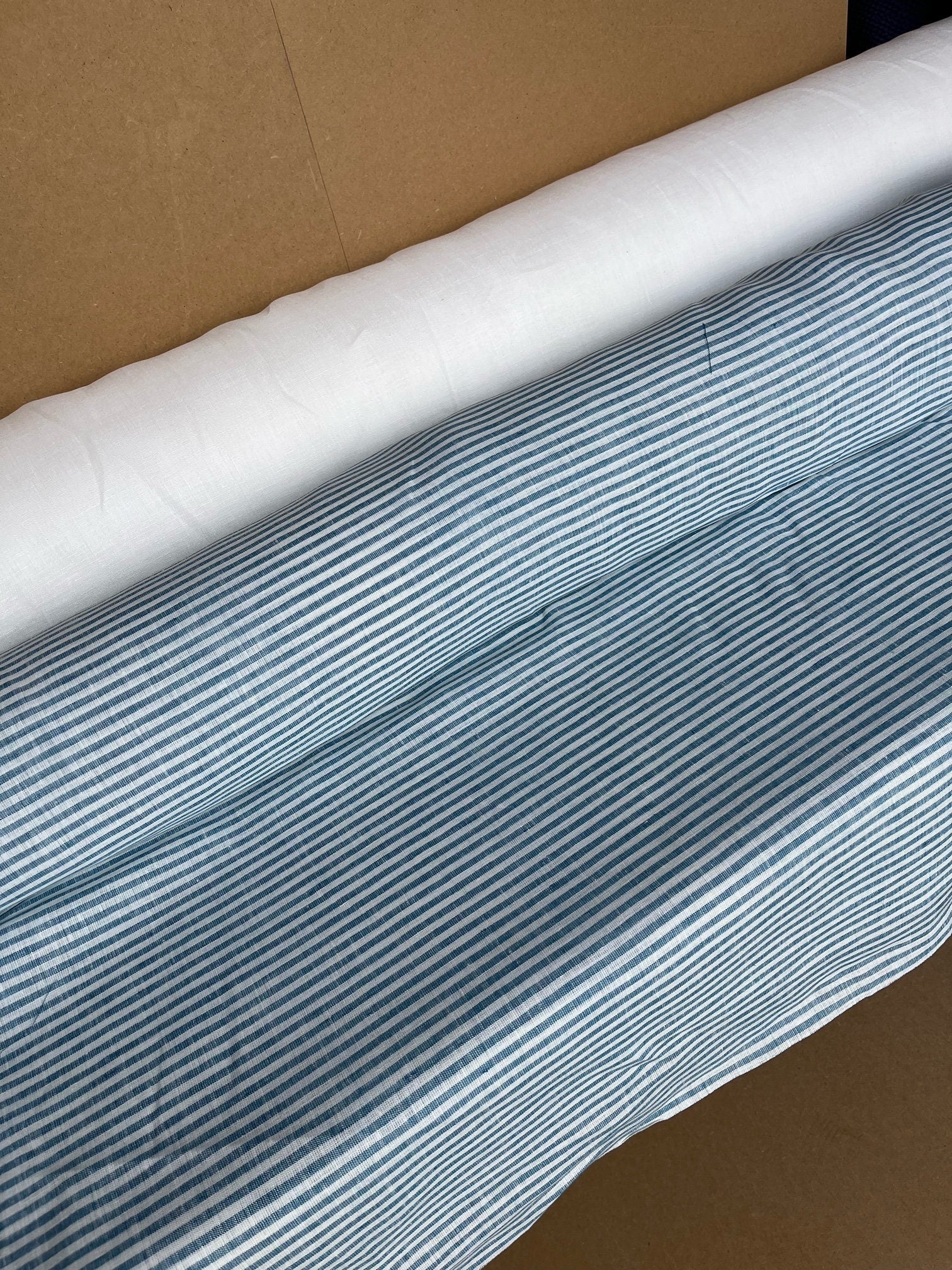 Extra Wide Light Blue Striped Linen Fabric: 250cm Wide