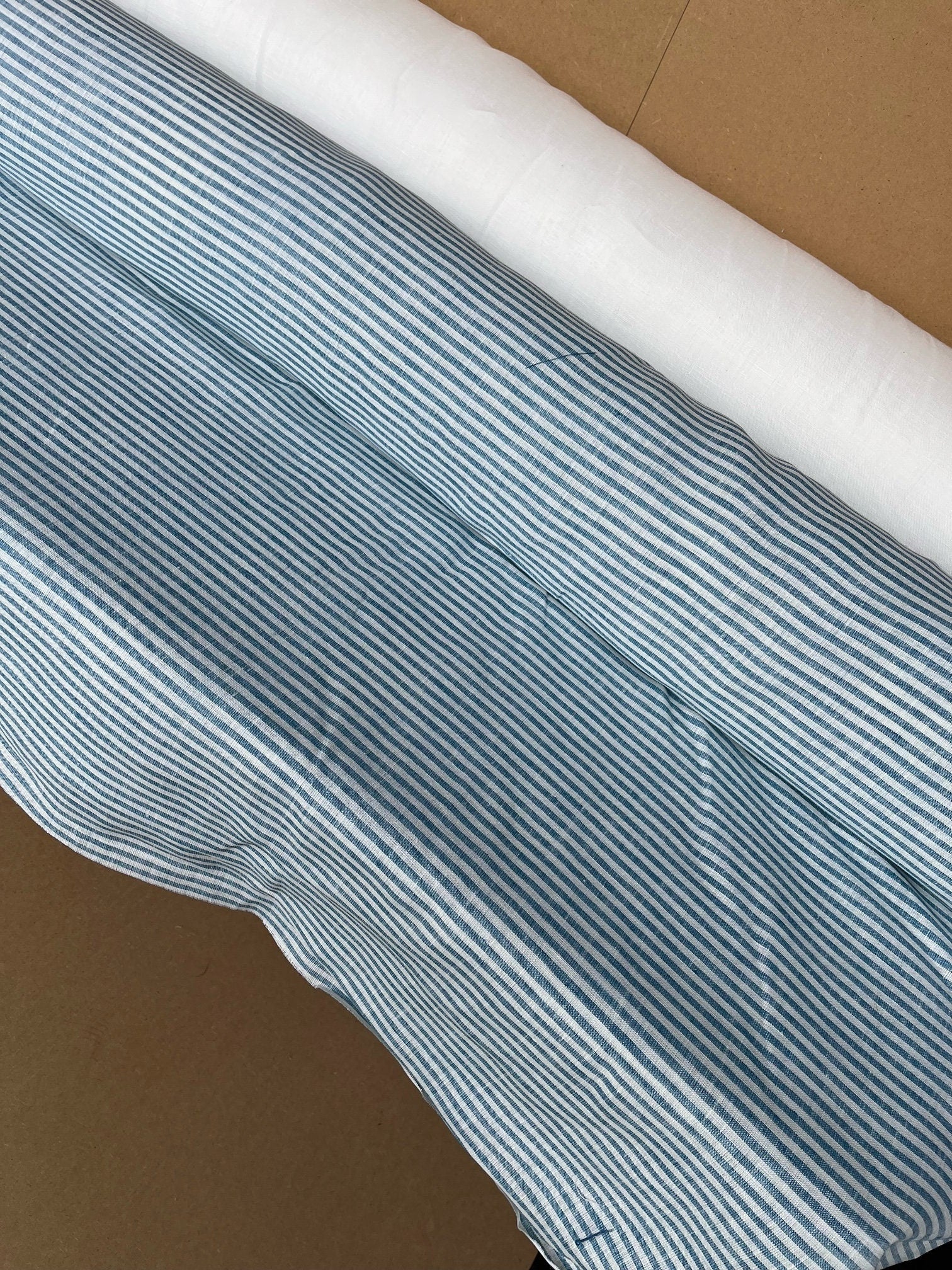 Extra Wide Light Blue Striped Linen Fabric: 250cm Wide
