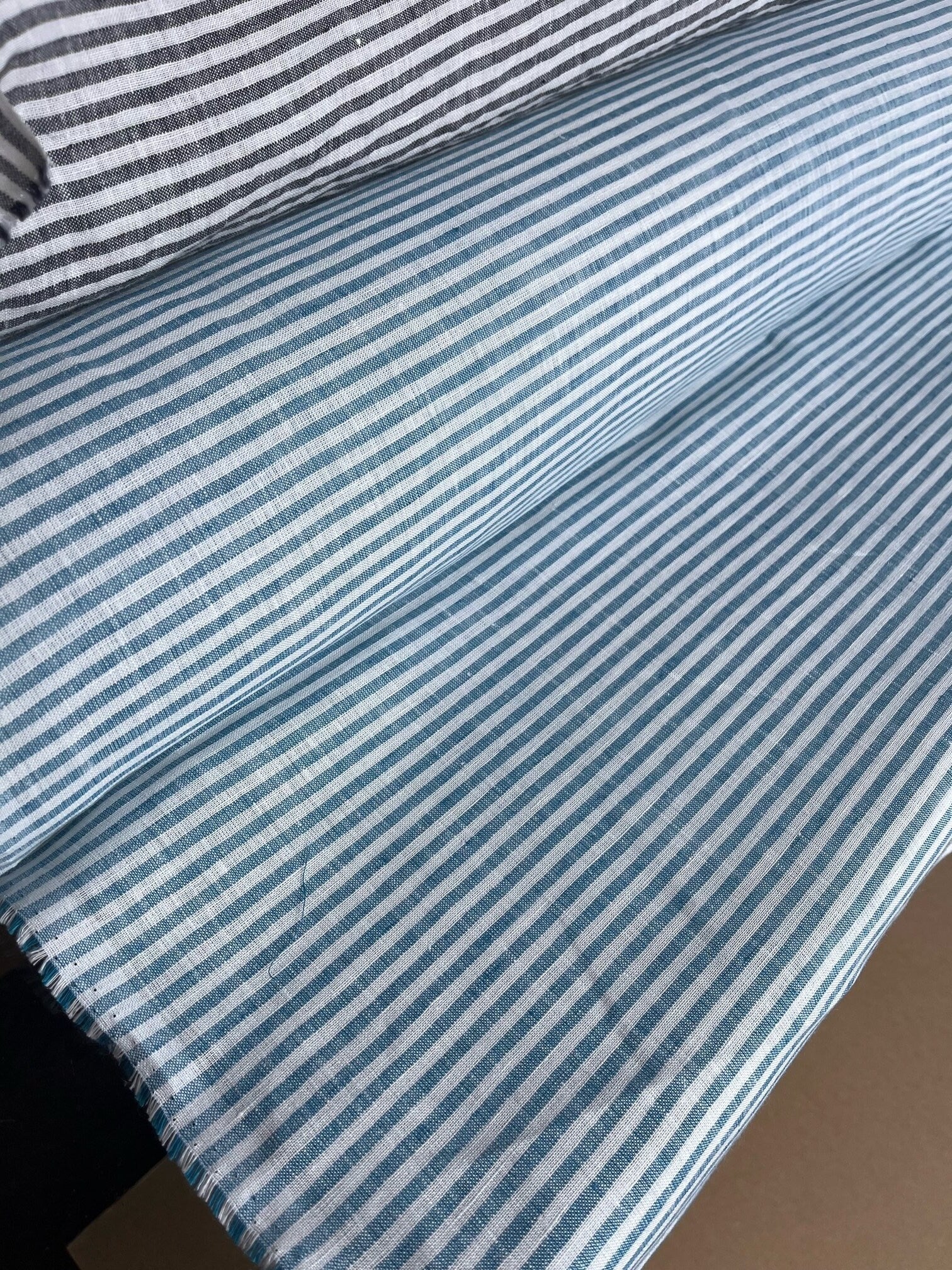 Extra Wide Light Blue Striped Linen Fabric: 250cm Wide