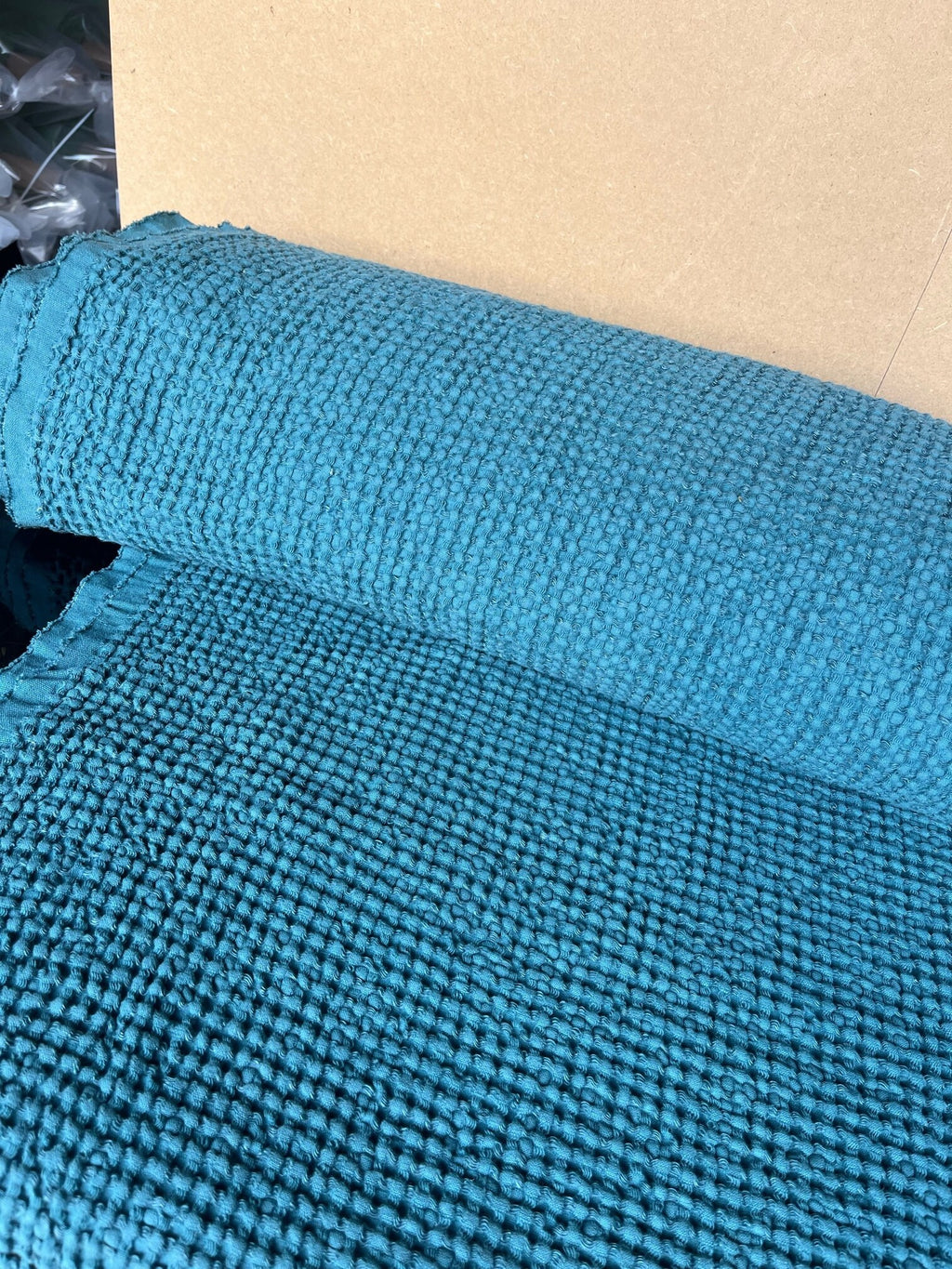 Waffle Linen Cotton Fabric: 88" Extra Wide Turkish Blue