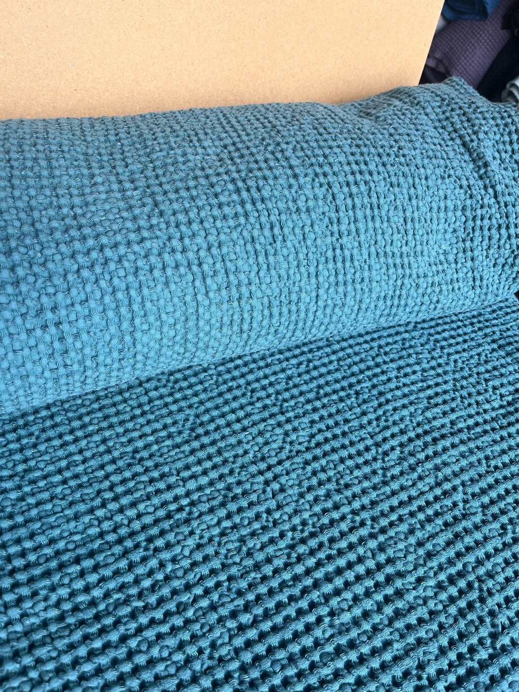 Waffle Linen Cotton Fabric: 88" Extra Wide Turkish Blue