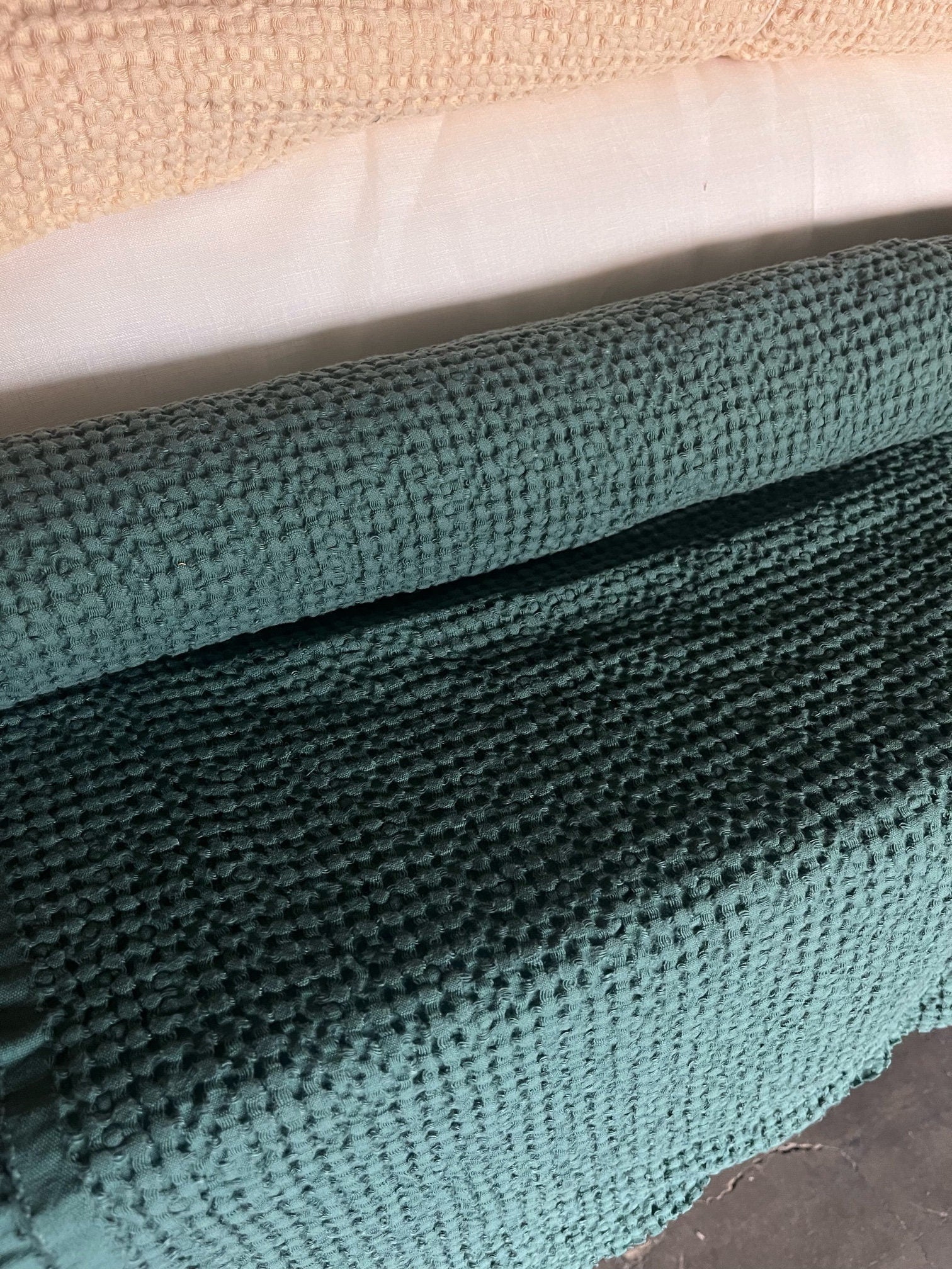 Waffle Linen Cotton Fabric: SOFT Green, 88" Extra Wide, 250g