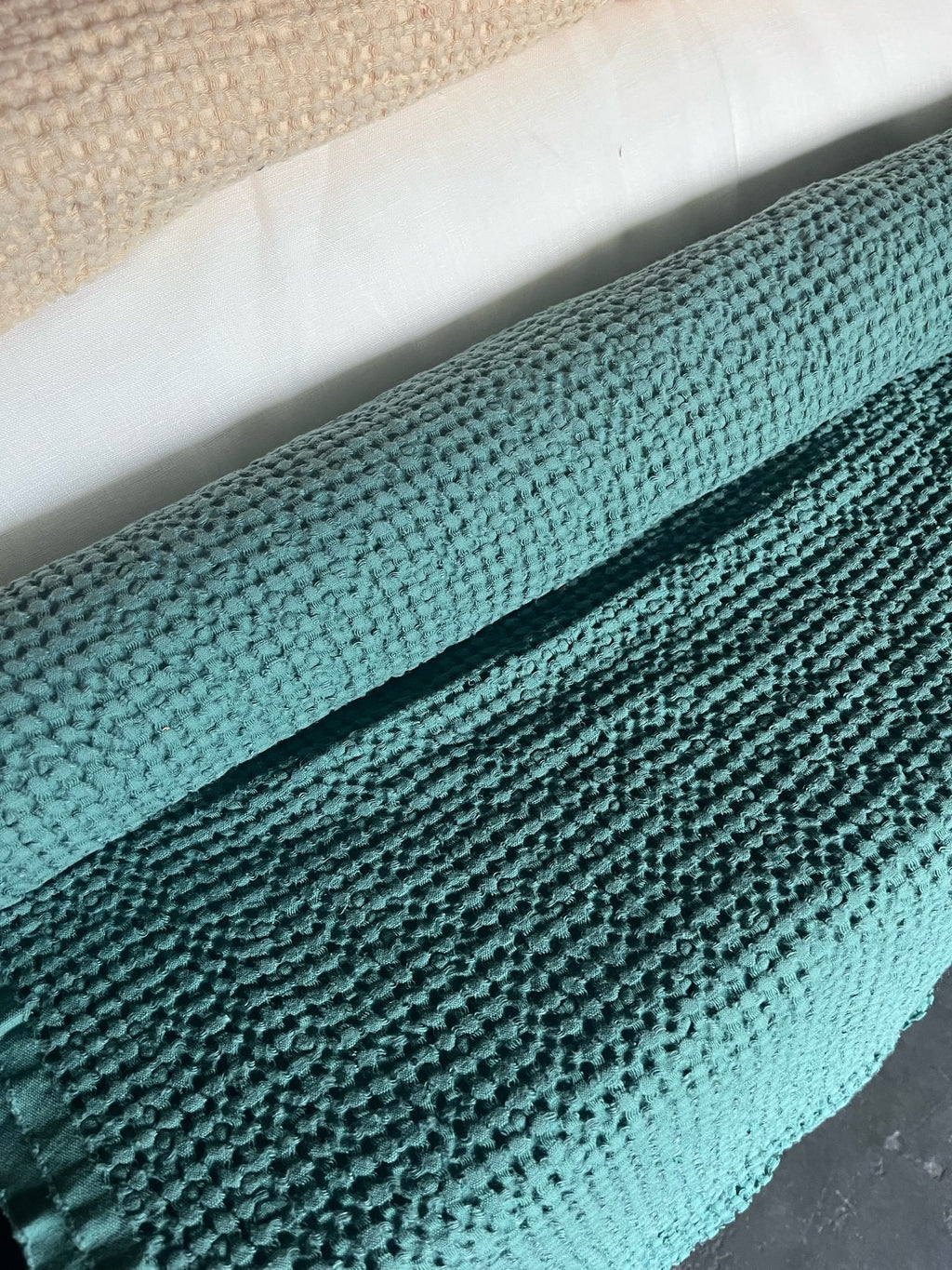 Waffle Linen Cotton Fabric: SOFT Green, 88" Extra Wide, 250g