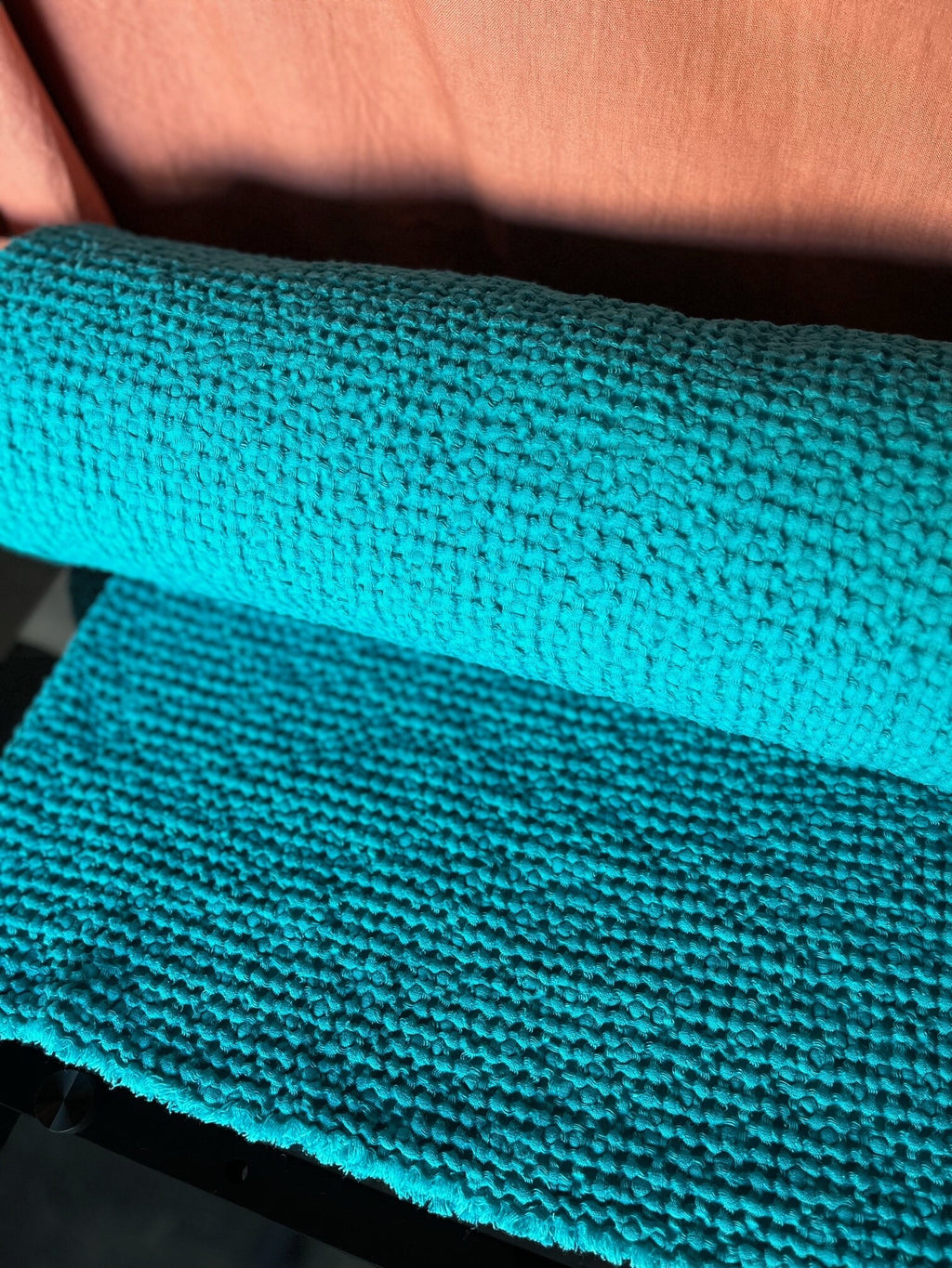 Cyan Waffle Linen Cotton Fabric: 88" Extra Wide, Soft Texture