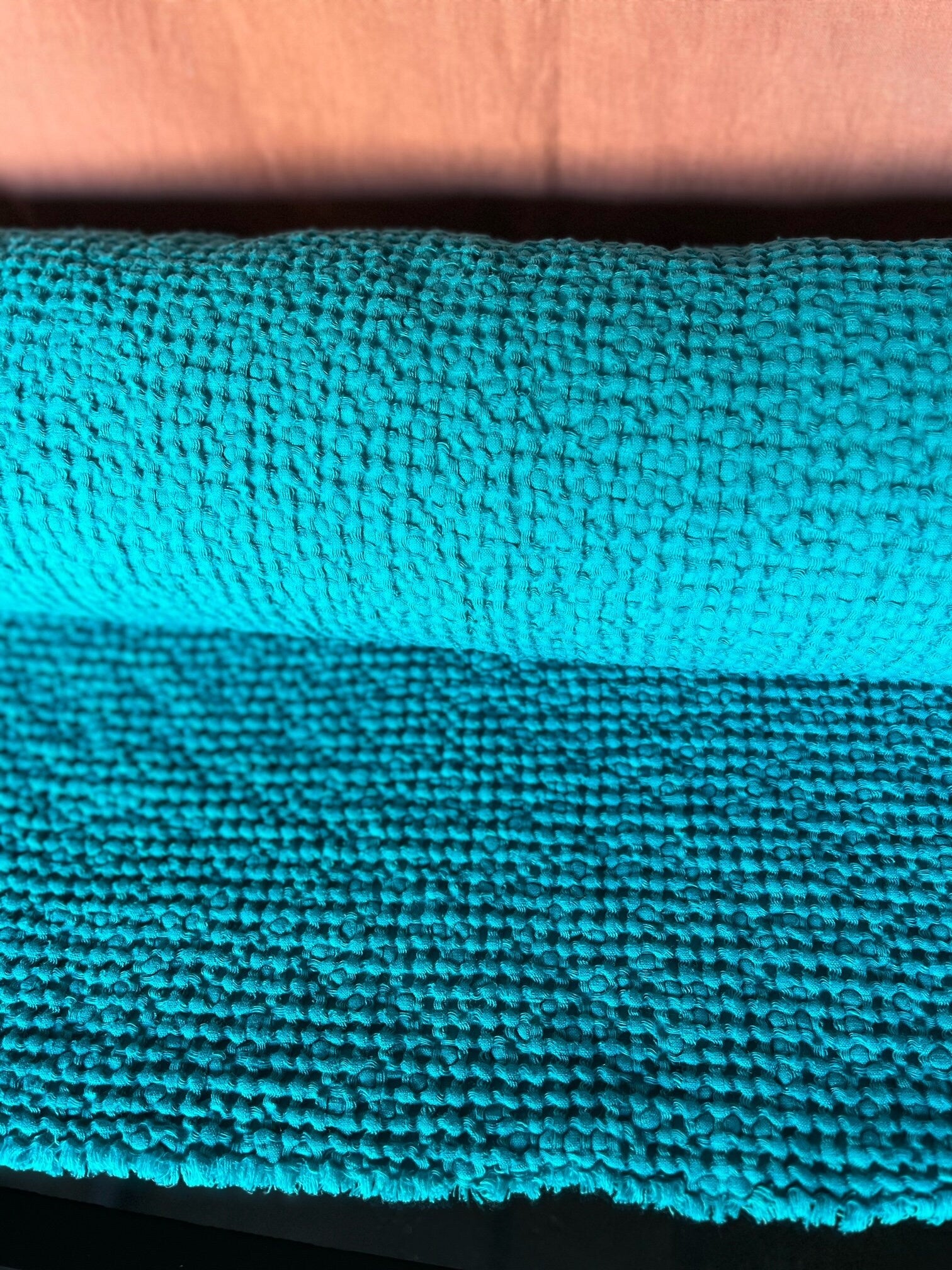 Cyan Waffle Linen Cotton Fabric: 88" Extra Wide, Soft Texture