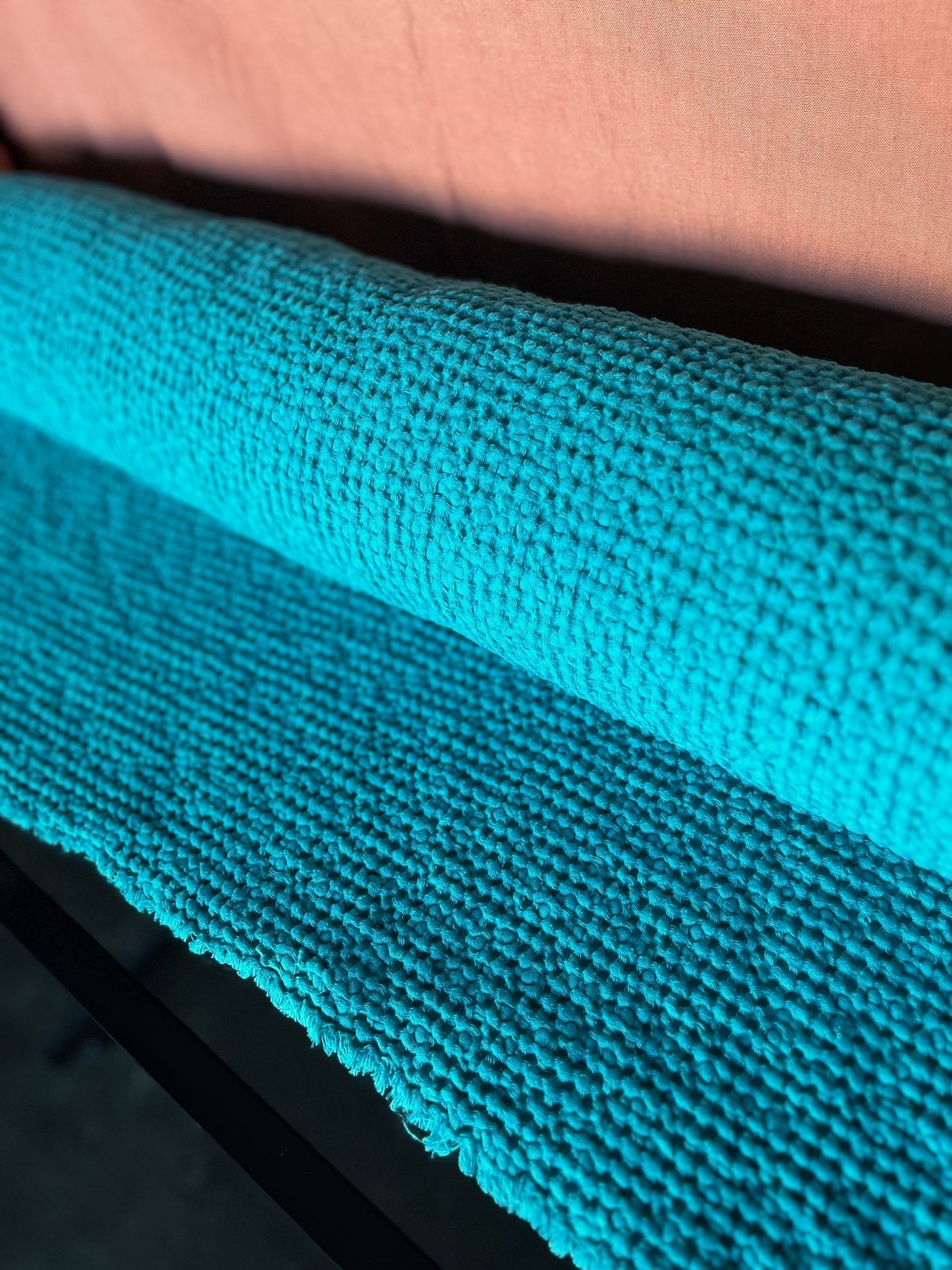 Cyan Waffle Linen Cotton Fabric: 88" Extra Wide, Soft Texture
