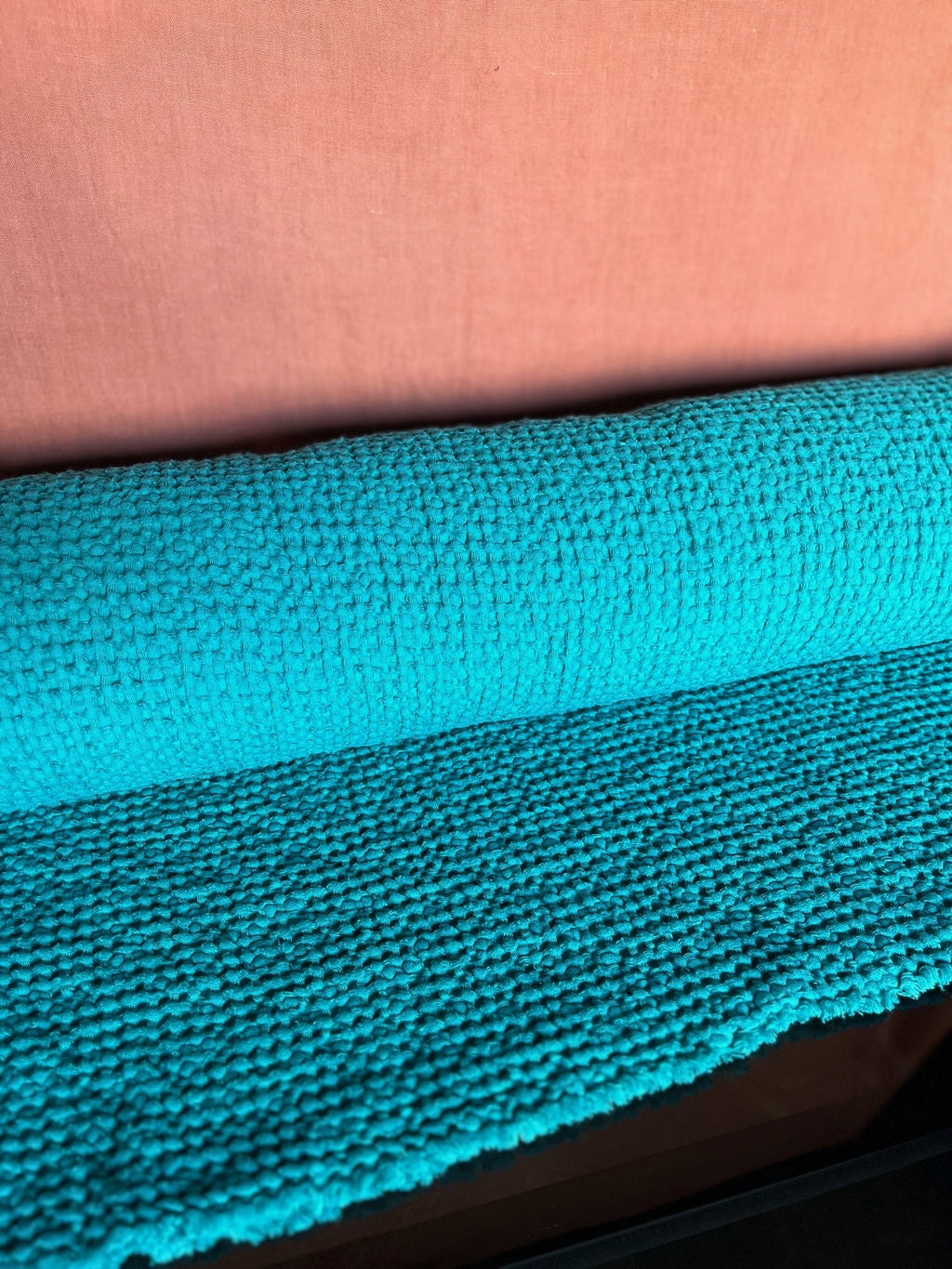 Cyan Waffle Linen Cotton Fabric: 88" Extra Wide, Soft Texture