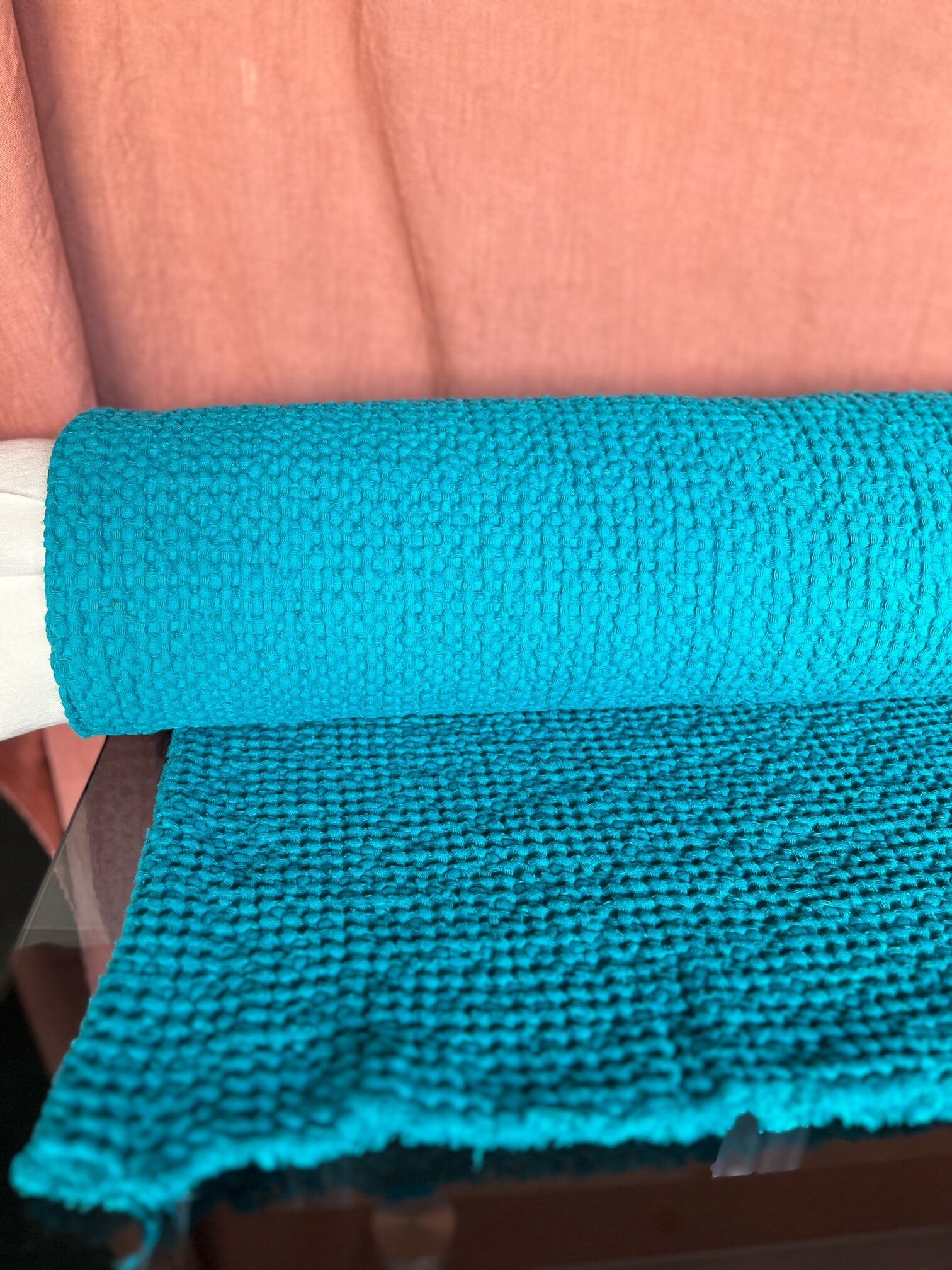 Cyan Waffle Linen Cotton Fabric: 88" Extra Wide, Soft Texture