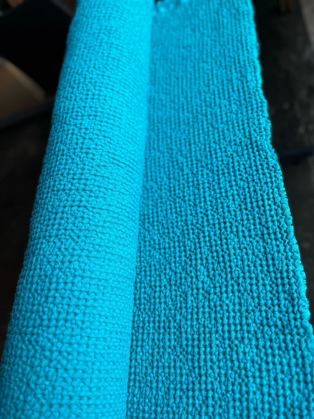 Cyan Waffle Linen Cotton Fabric: 88" Extra Wide, Soft Texture