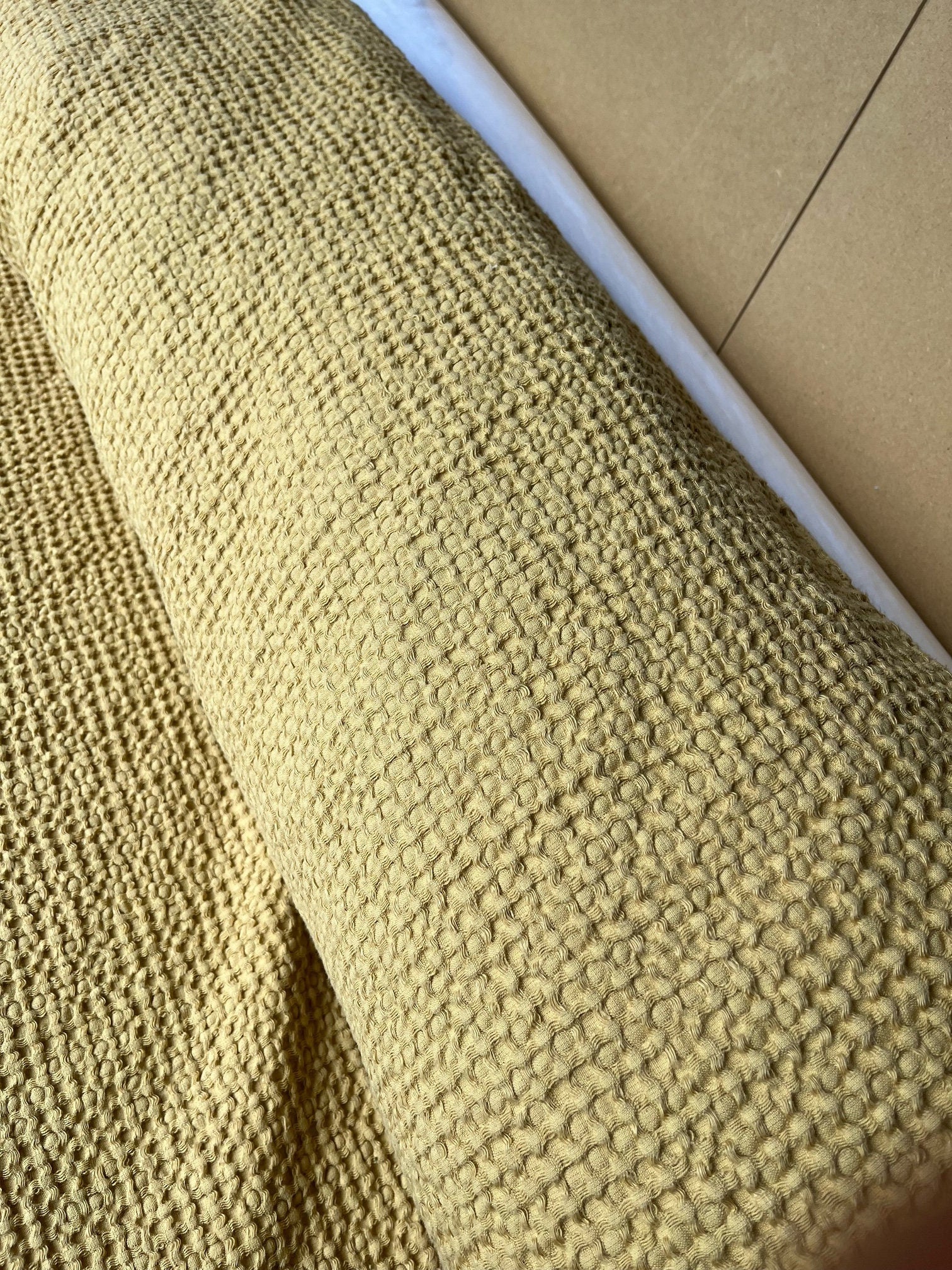 Waffle Linen Cotton Fabric: 88" Extra Wide Tan BGO137 - By The Metre