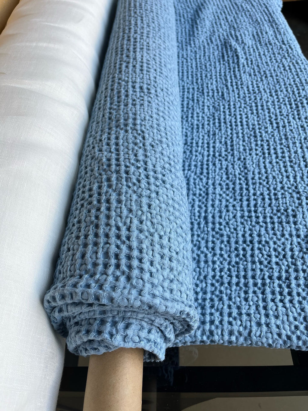 88" Extra Wide Waffle Linen Cotton Fabric: Cornflower Blue