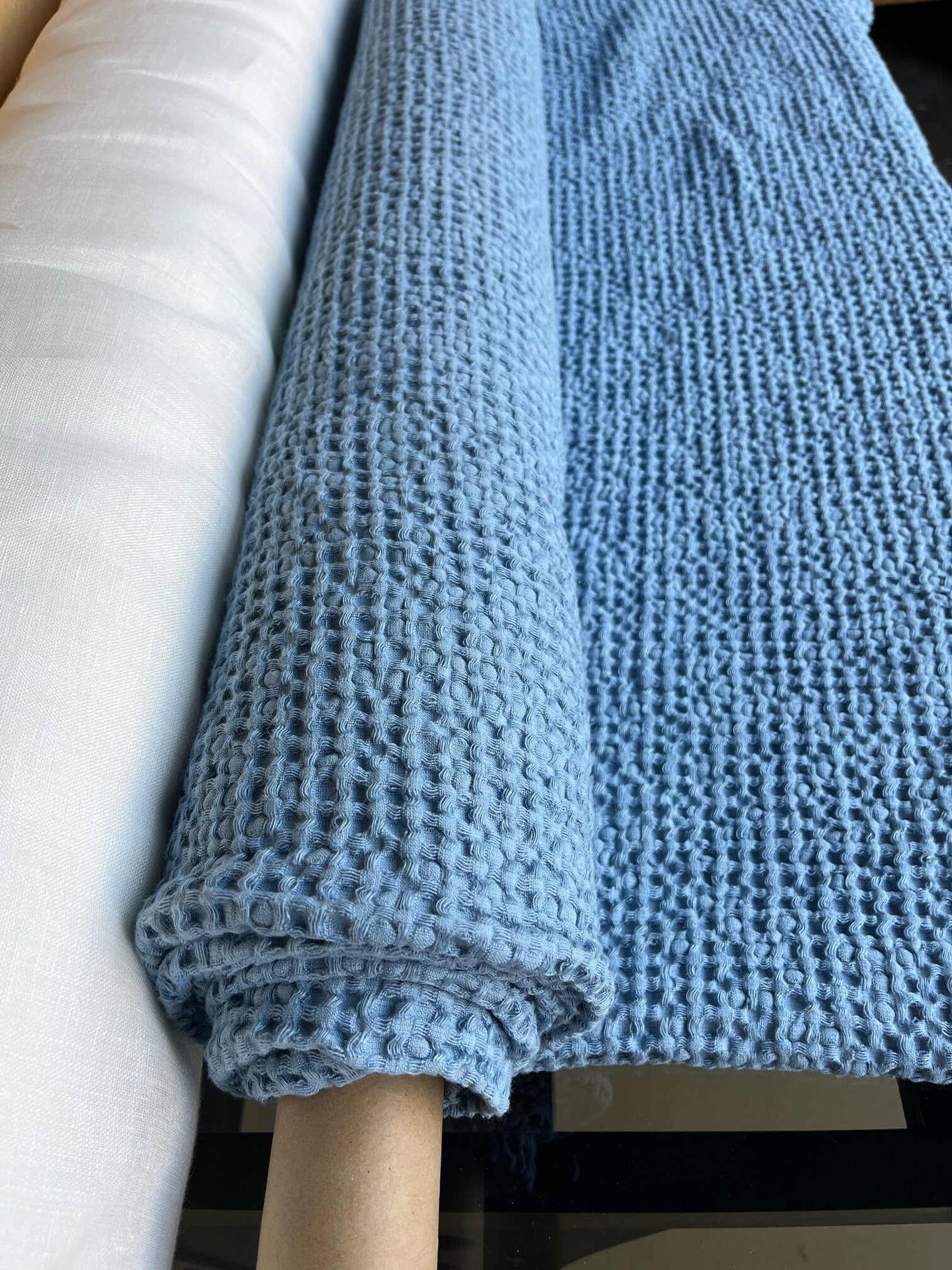 88" Extra Wide Waffle Linen Cotton Fabric: Cornflower Blue