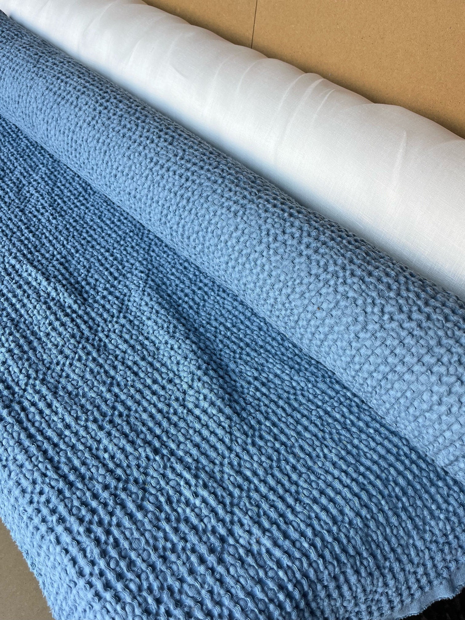 88" Extra Wide Waffle Linen Cotton Fabric: Cornflower Blue