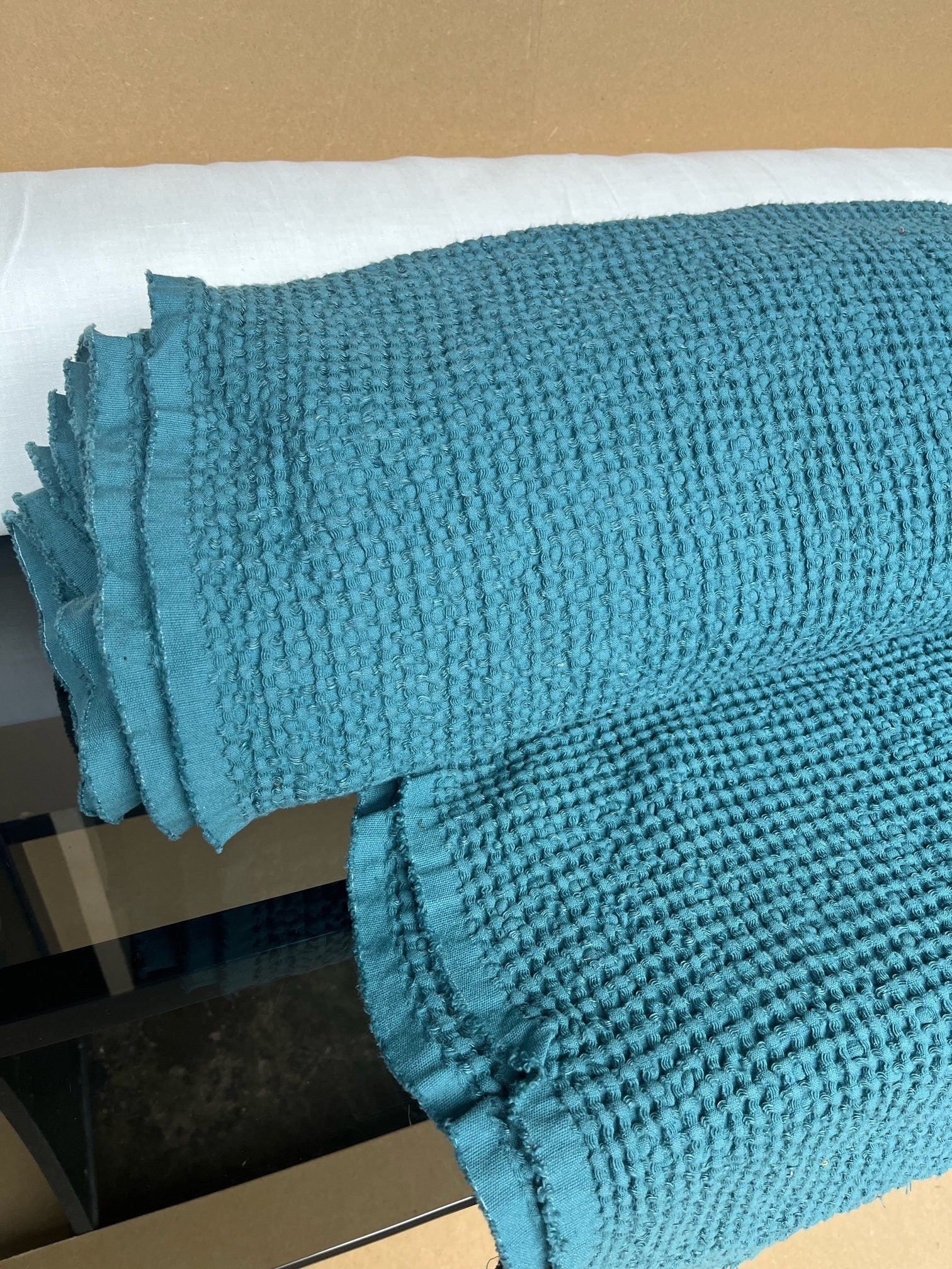 Waffle Linen Cotton Fabric: 88" Extra Wide Turkish Blue