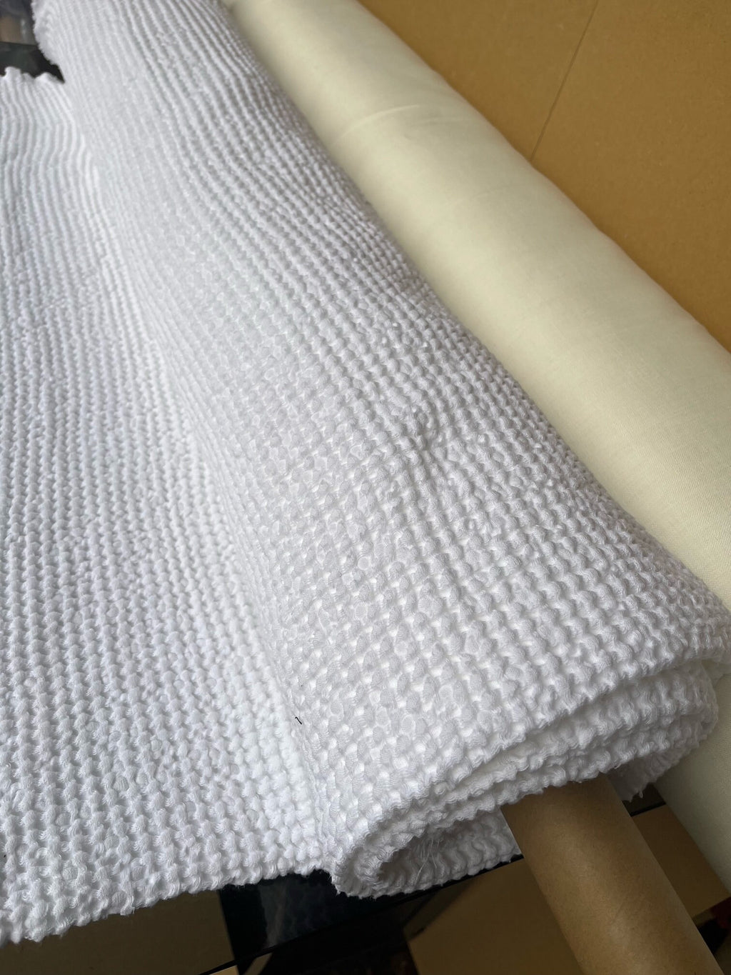 88" EXTRA WIDE fabric, Waffle natural Linen/Cotton fabric BGO137 Bleached White, 250g/225cm fabric by the metre, bath kitchen towel spa