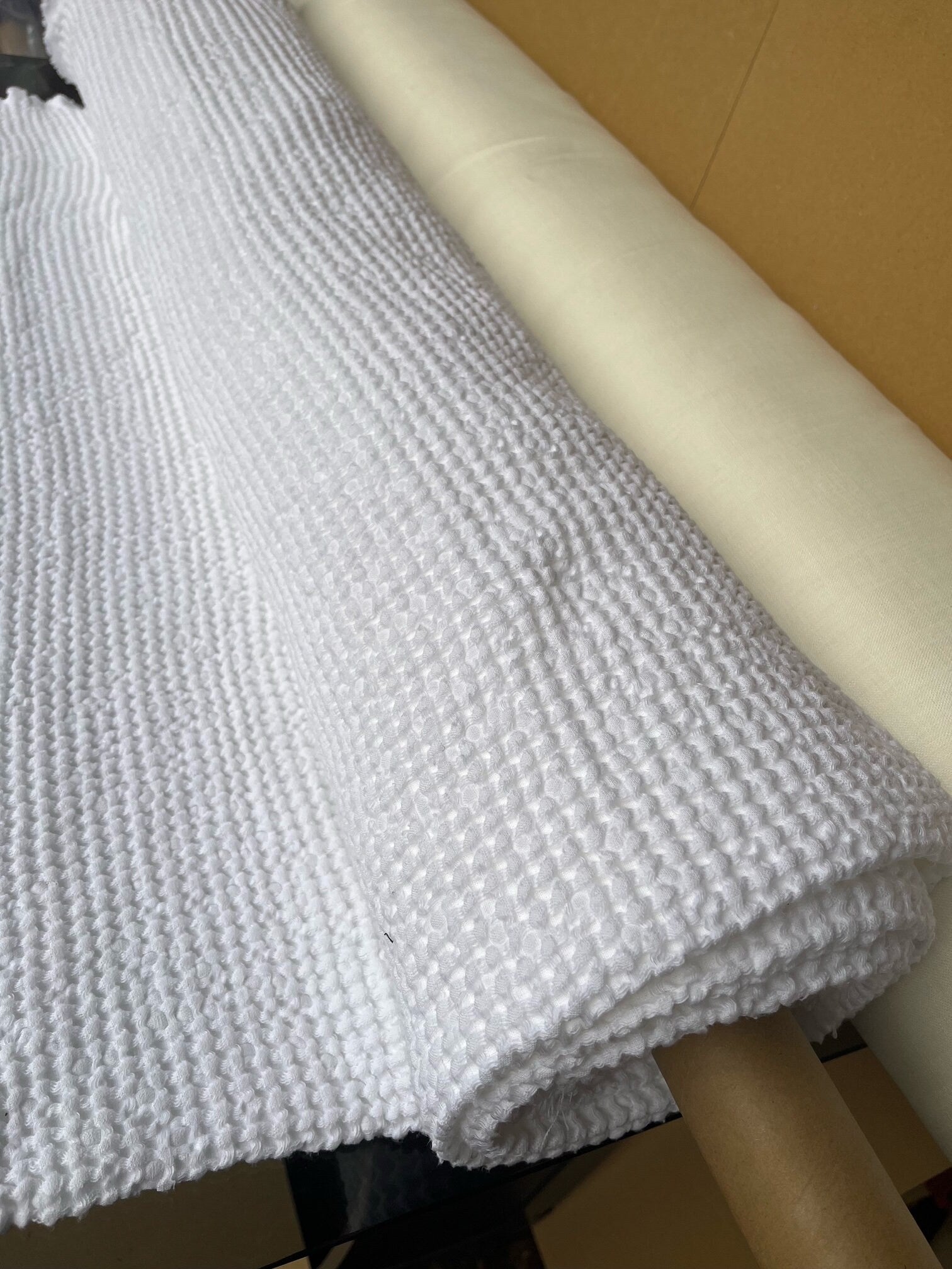 88" EXTRA WIDE fabric, Waffle natural Linen/Cotton fabric BGO137 Bleached White, 250g/225cm fabric by the metre, bath kitchen towel spa
