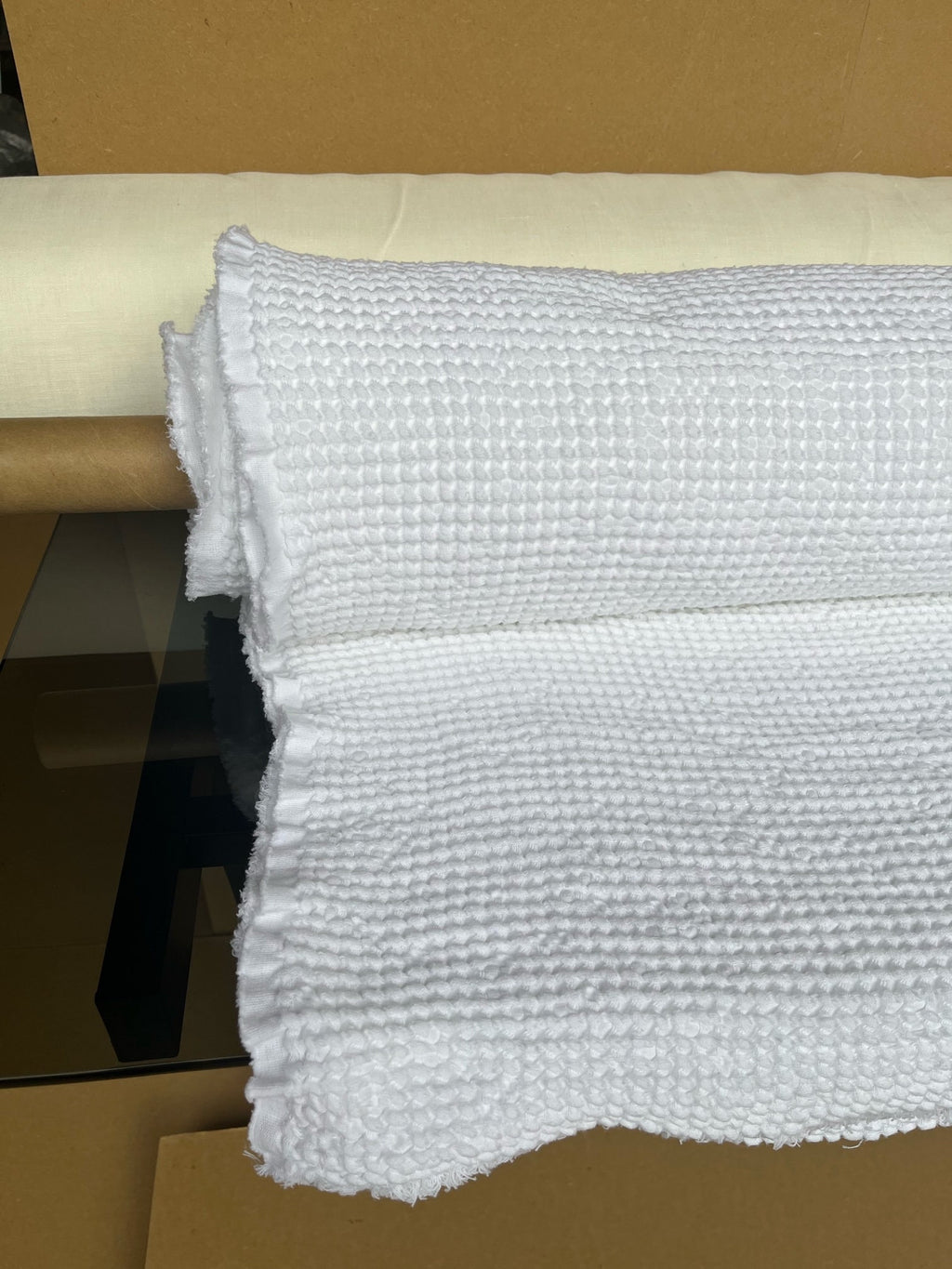 88" EXTRA WIDE fabric, Waffle natural Linen/Cotton fabric BGO137 Bleached White, 250g/225cm fabric by the metre, bath kitchen towel spa