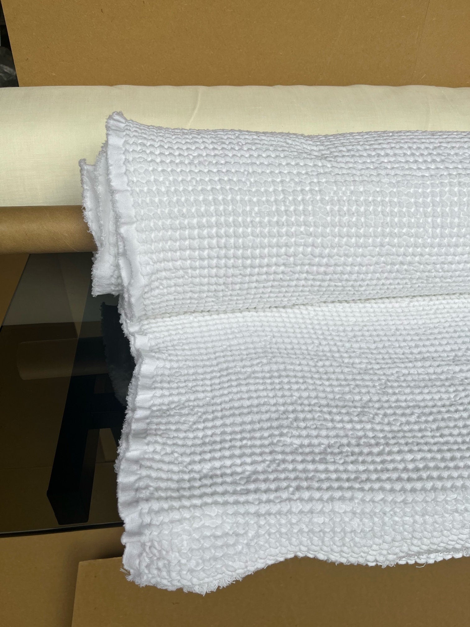 88" EXTRA WIDE fabric, Waffle natural Linen/Cotton fabric BGO137 Bleached White, 250g/225cm fabric by the metre, bath kitchen towel spa