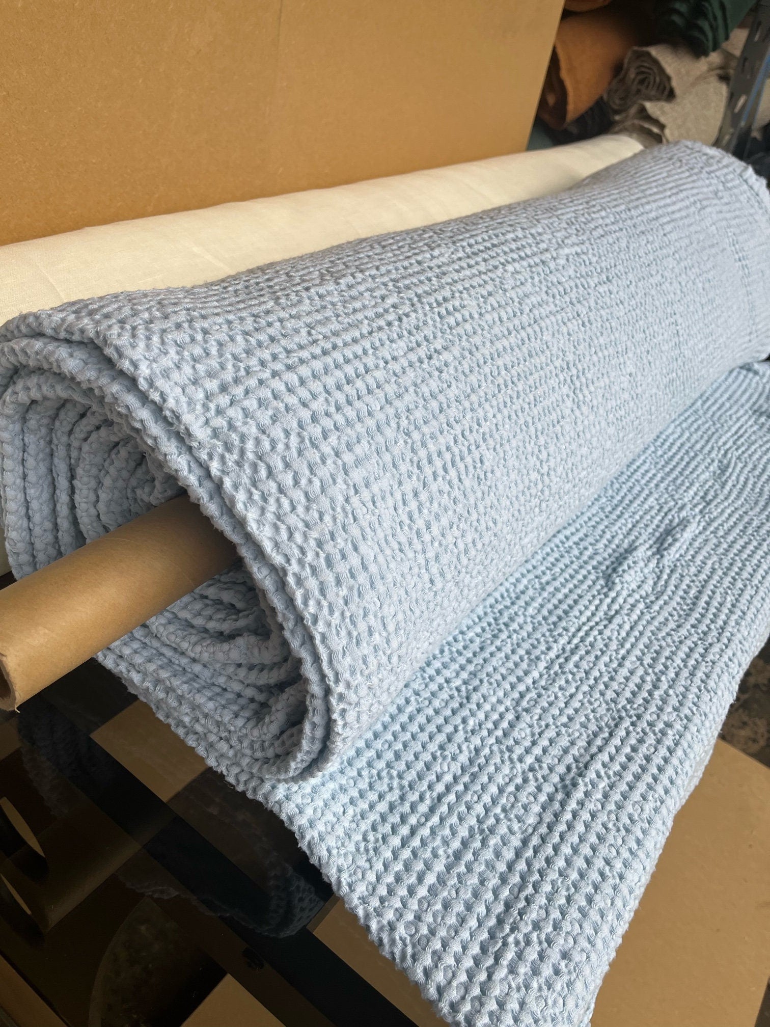 88" Extra Wide Waffle Linen Cotton Fabric: Light Steel Blue