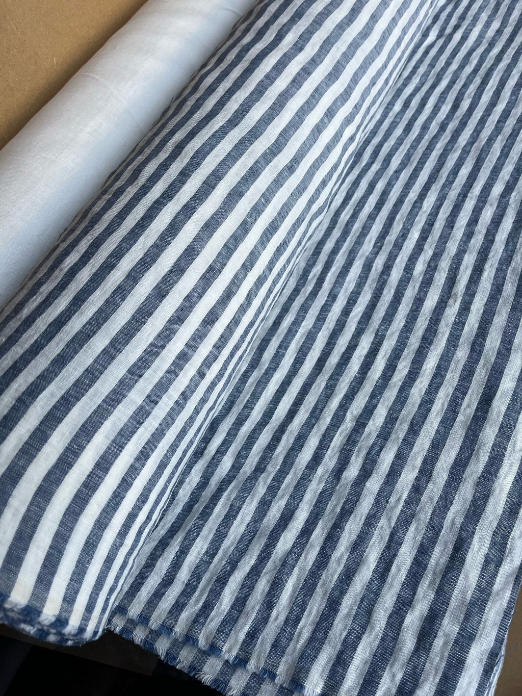 Extra Wide Blue Striped Linen Fabric: Softened Bedding Material