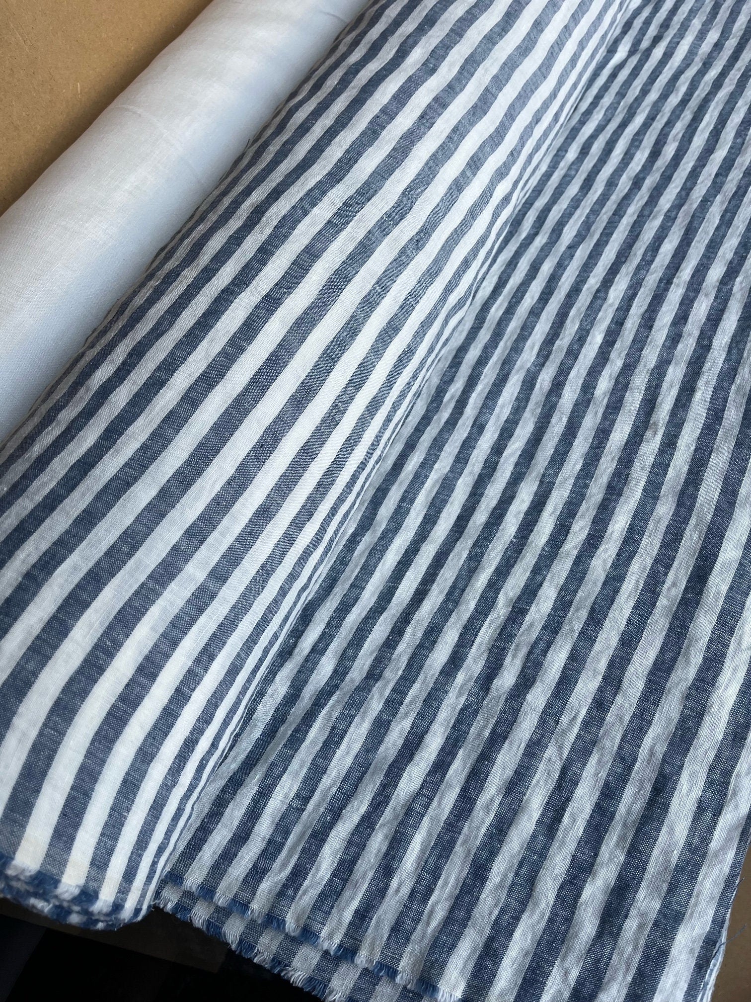 Extra Wide Blue Striped Linen Fabric: Softened Bedding Material
