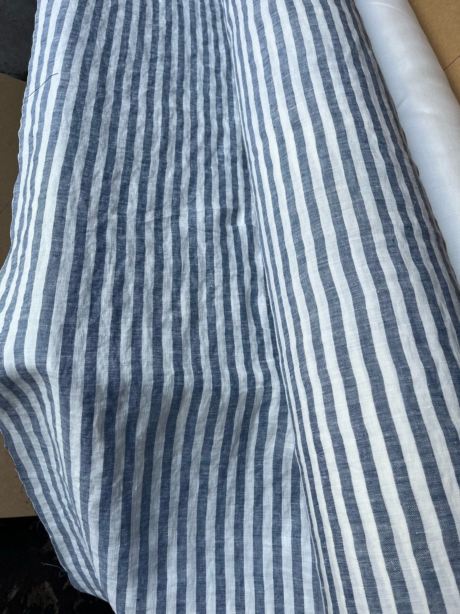 Extra Wide Blue Striped Linen Fabric: Softened Bedding Material
