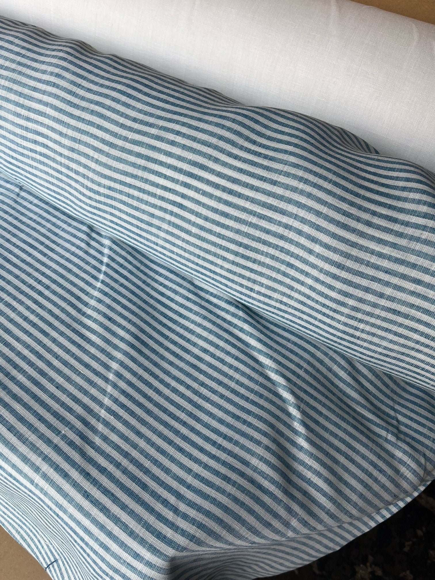 Extra Wide Light Blue Striped Linen Fabric: 250cm Wide
