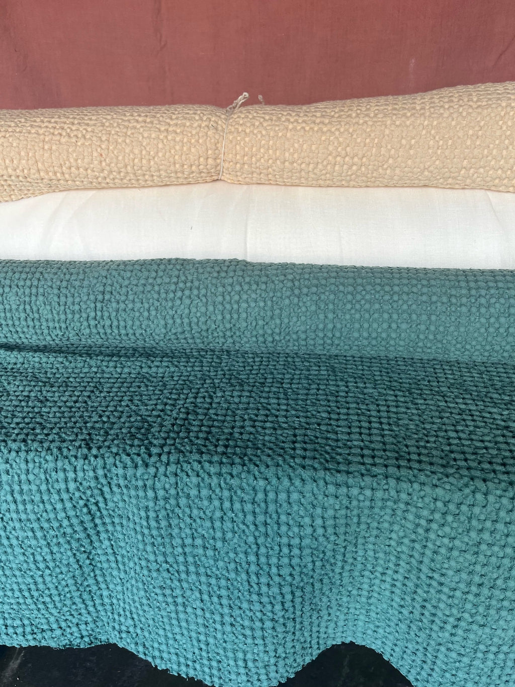 Waffle Linen Cotton Fabric: SOFT Green, 88" Extra Wide, 250g